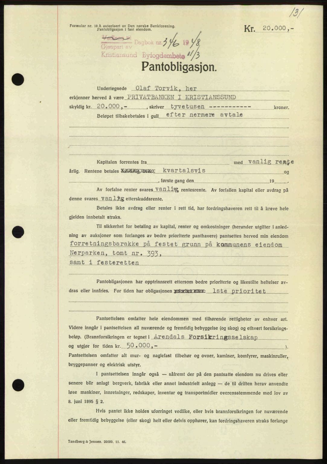 Kristiansund byfogd, AV/SAT-A-4587/A/27: Mortgage book no. 44, 1947-1948, Diary no: : 346/1948