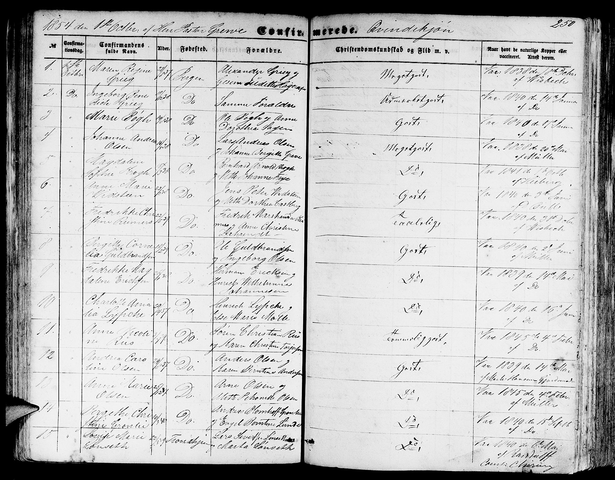 Domkirken sokneprestembete, SAB/A-74801/H/Hab/L0023: Parish register (copy) no. C 3, 1854-1880, p. 250