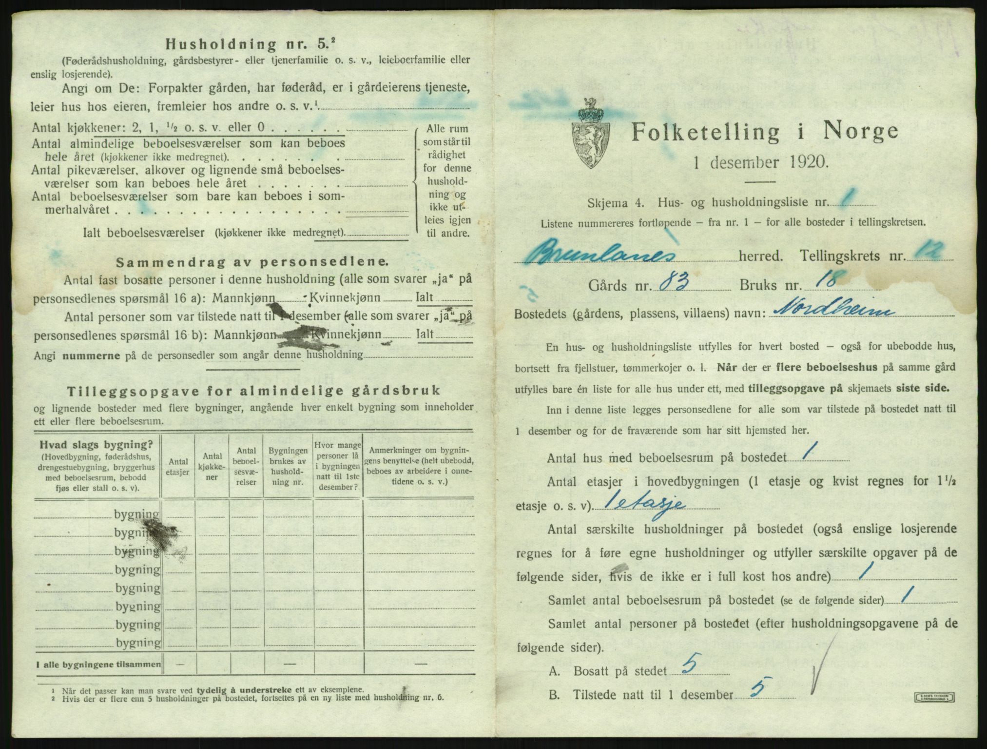 SAKO, 1920 census for Brunlanes, 1920, p. 1695