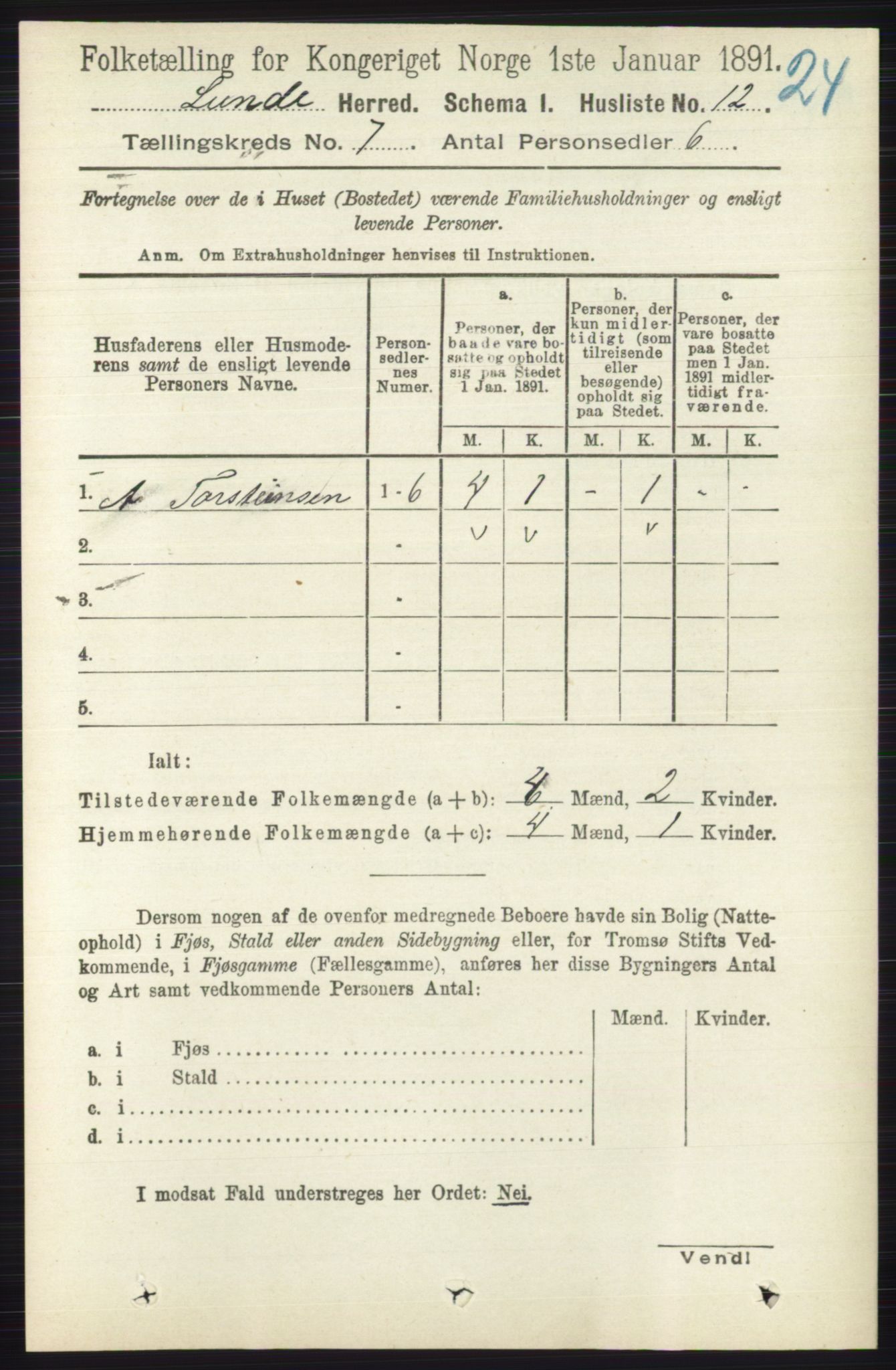 RA, 1891 census for 0820 Lunde, 1891, p. 2192