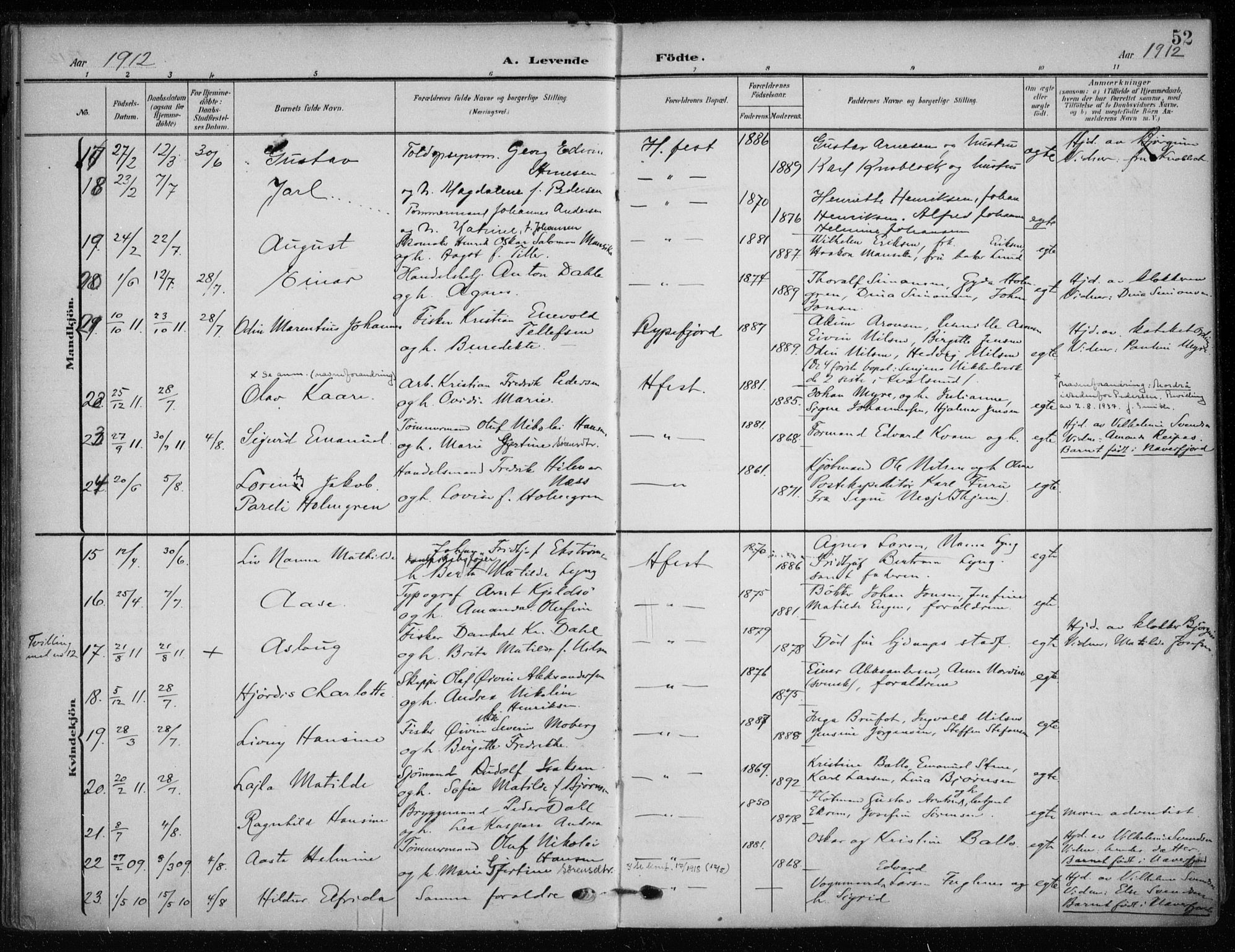 Hammerfest sokneprestkontor, SATØ/S-1347/H/Ha/L0014.kirke: Parish register (official) no. 14, 1906-1916, p. 52