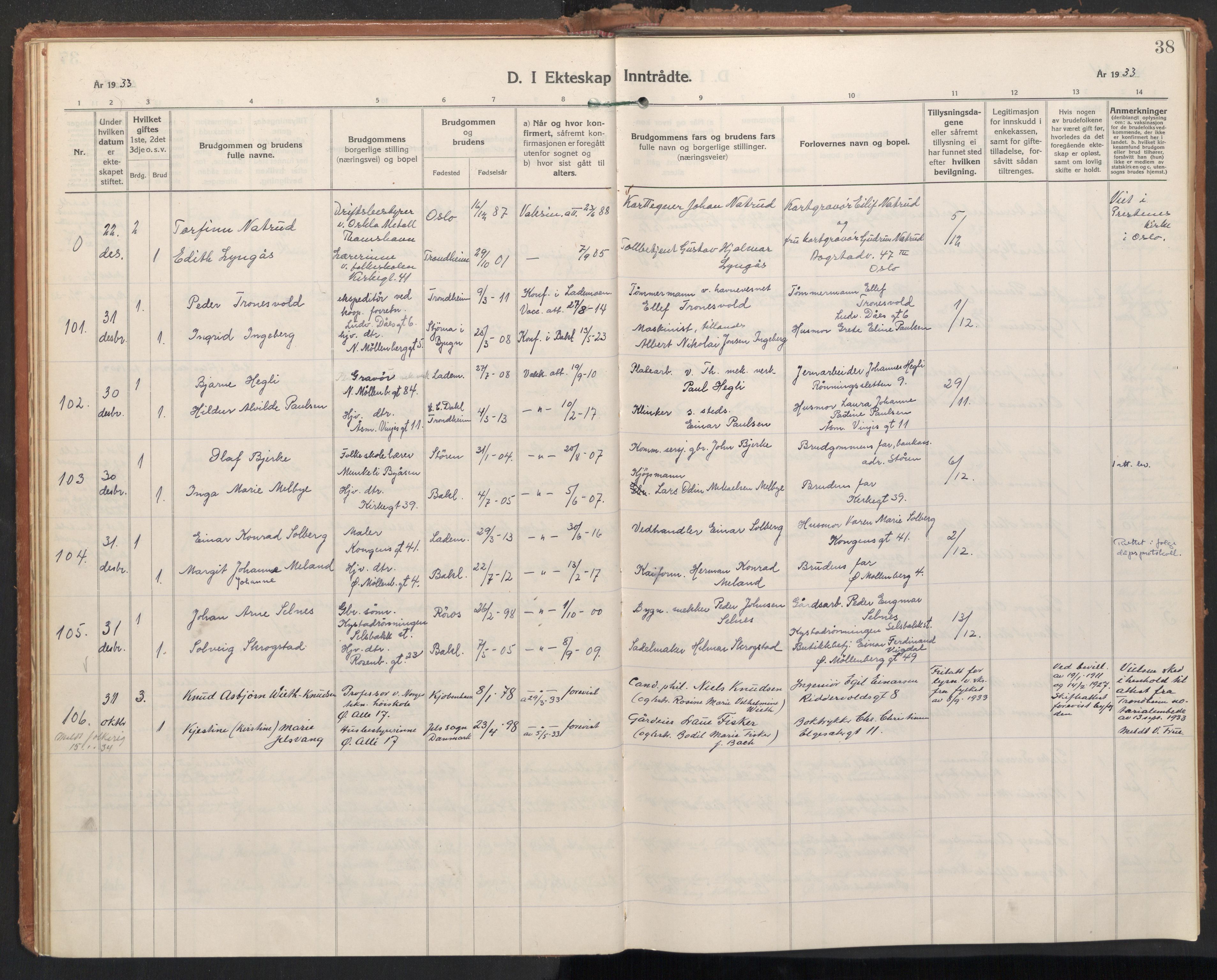 Ministerialprotokoller, klokkerbøker og fødselsregistre - Sør-Trøndelag, SAT/A-1456/604/L0209: Parish register (official) no. 604A29, 1931-1945, p. 38