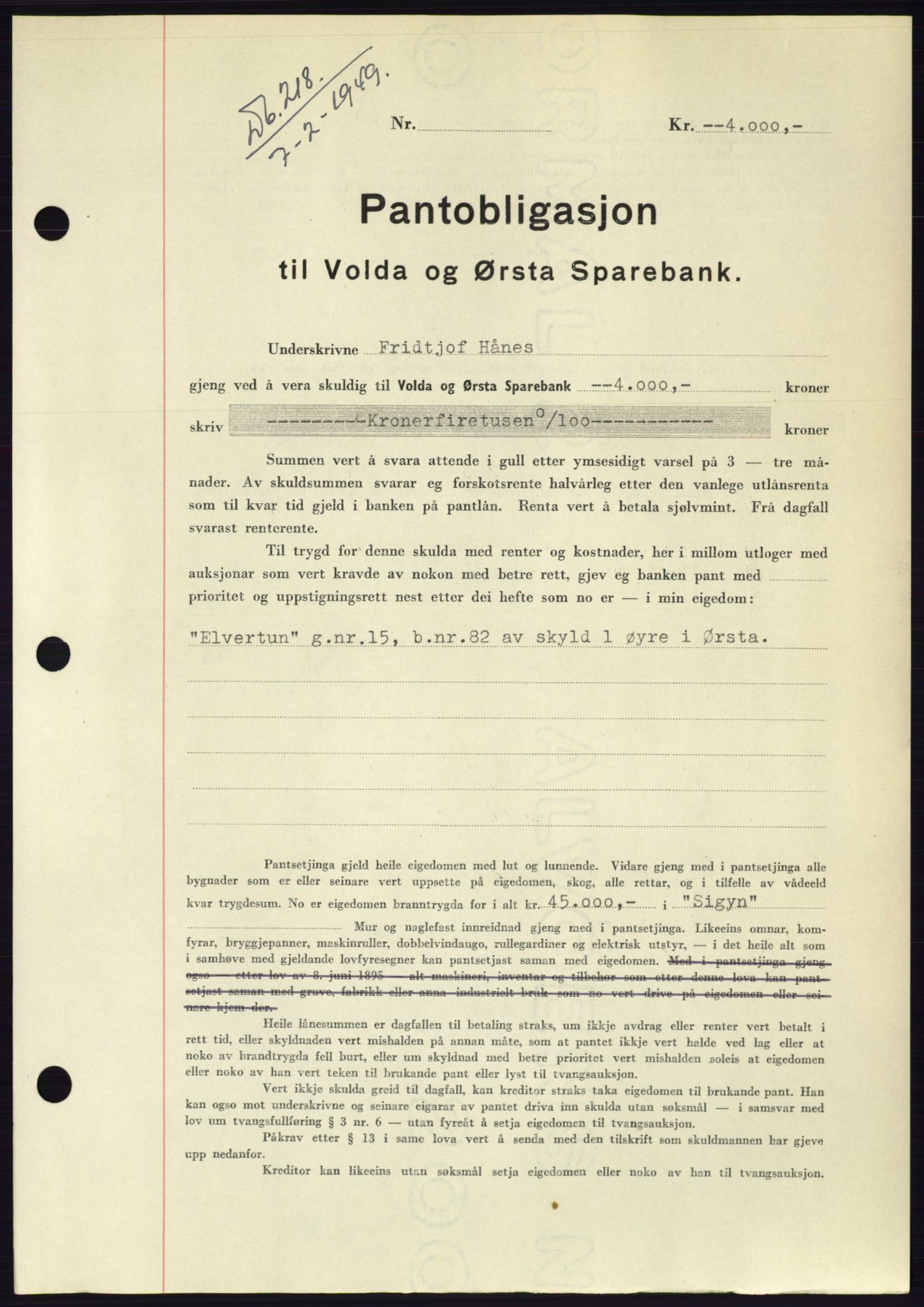 Søre Sunnmøre sorenskriveri, AV/SAT-A-4122/1/2/2C/L0116: Mortgage book no. 4B, 1948-1949, Diary no: : 218/1949