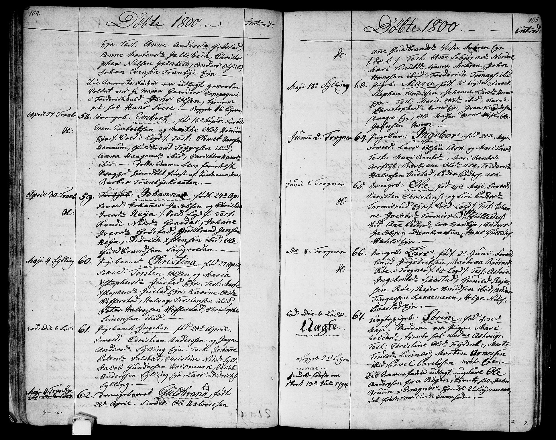 Lier kirkebøker, AV/SAKO-A-230/F/Fa/L0007: Parish register (official) no. I 7, 1794-1813, p. 104-105