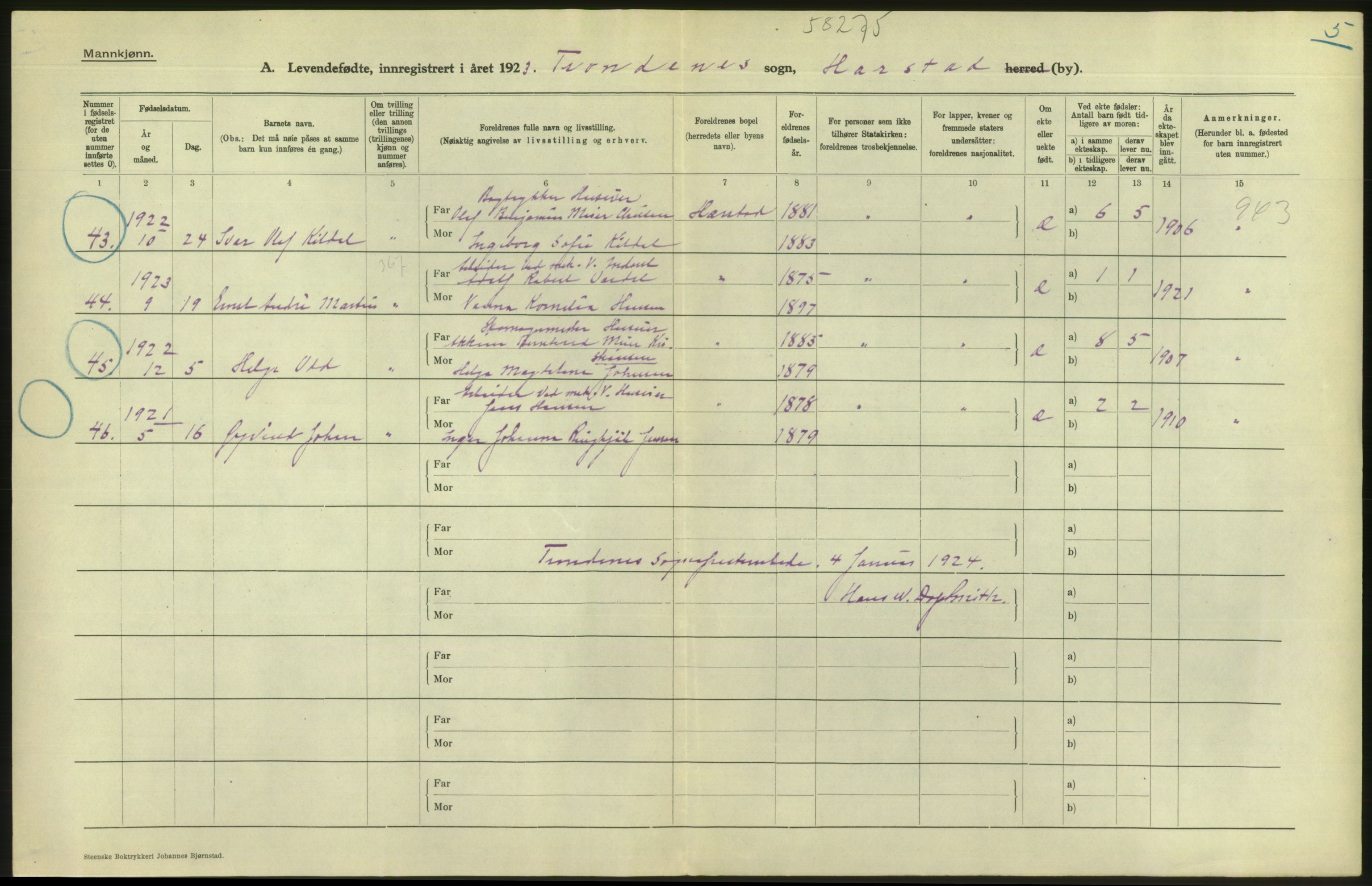 Statistisk sentralbyrå, Sosiodemografiske emner, Befolkning, AV/RA-S-2228/D/Df/Dfc/Dfcc/L0044: Troms fylke: Levendefødte menn og kvinner. Bygder og byer., 1923, p. 12