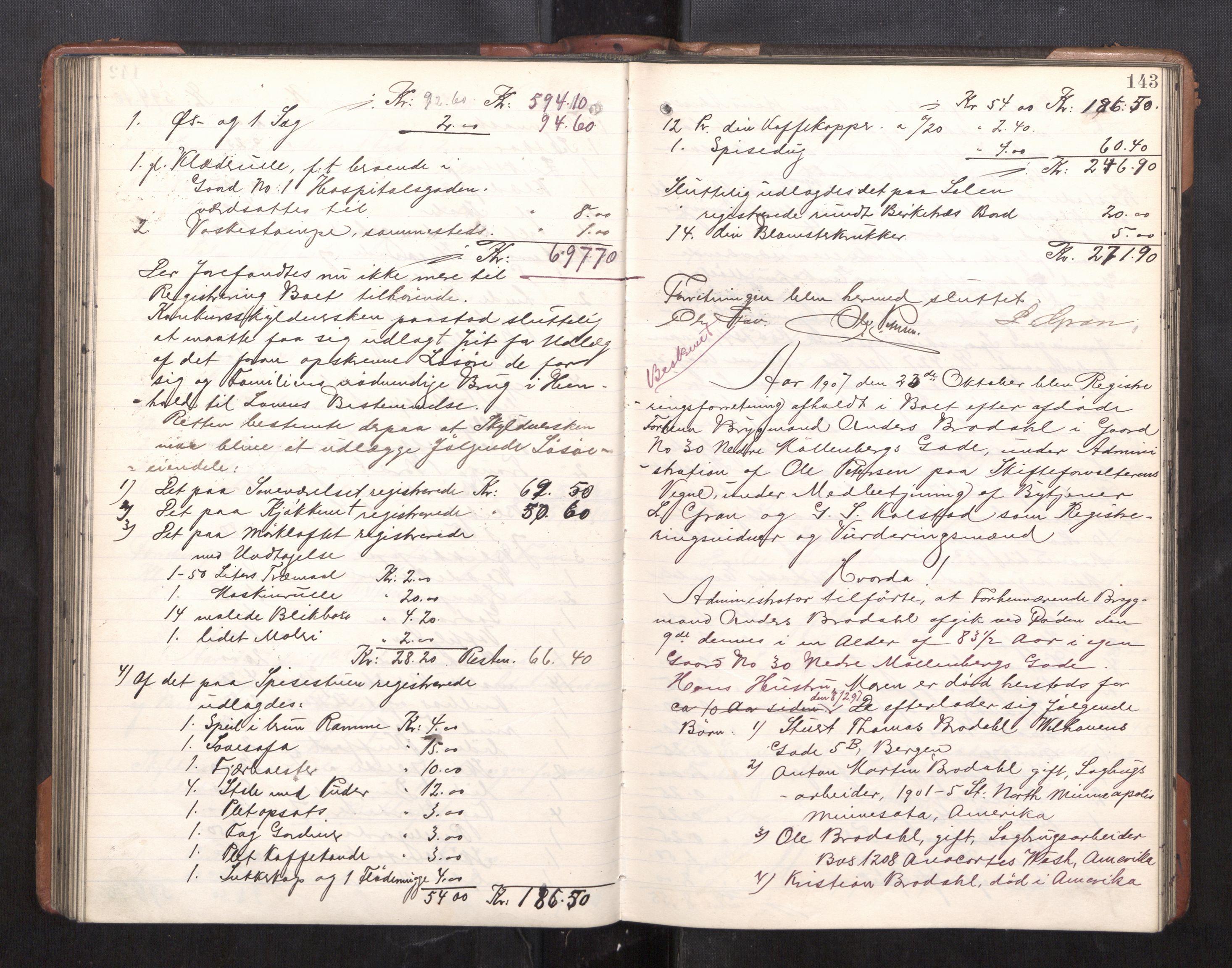 Trondheim byfogd, AV/SAT-A-0003/1/3/3C/L0025: Skifteregistreringsprotokoll - 24/1-14/7. (u/ register), 1906-1909, p. 143