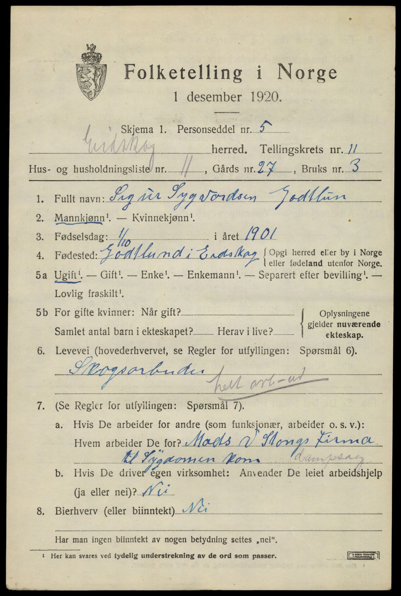 SAH, 1920 census for Eidskog, 1920, p. 11713