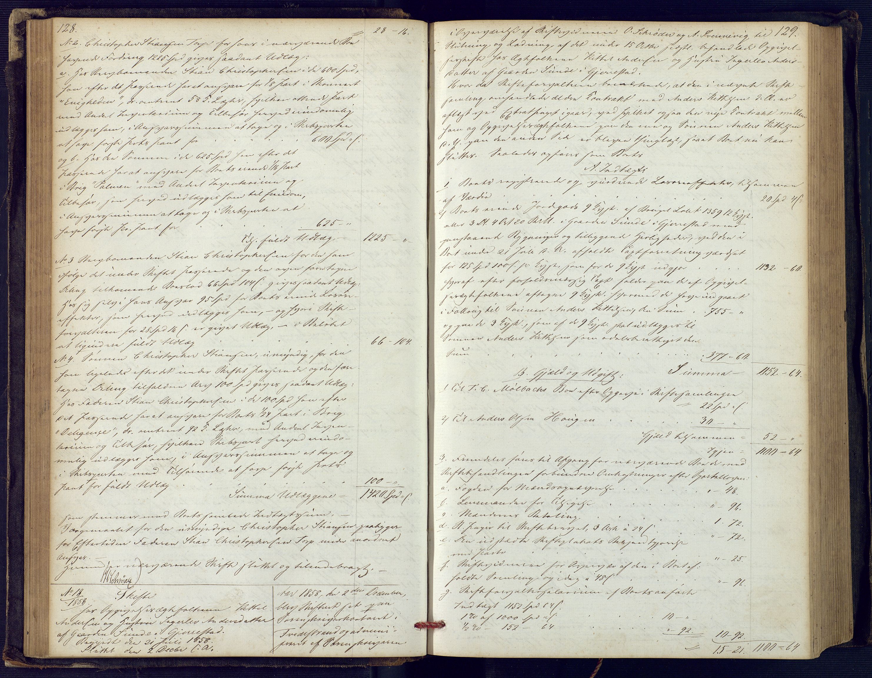 Holt sorenskriveri, SAK/1221-0002/H/Hc/L0029: Skifteutlodningsprotokoll nr. 4 med løst register, 1857-1862, p. 128-129