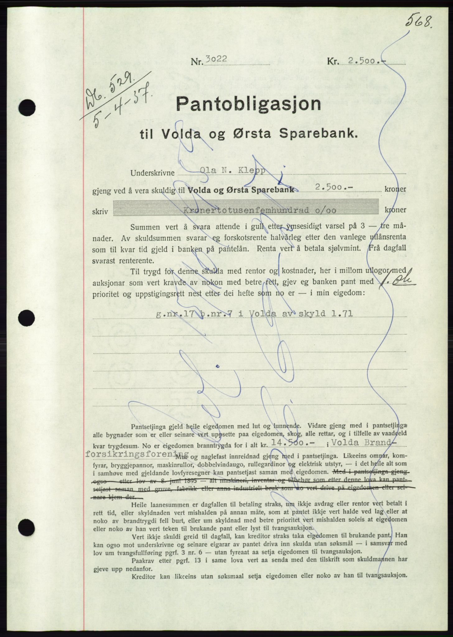 Søre Sunnmøre sorenskriveri, SAT/A-4122/1/2/2C/L0062: Mortgage book no. 56, 1936-1937, Diary no: : 529/1937