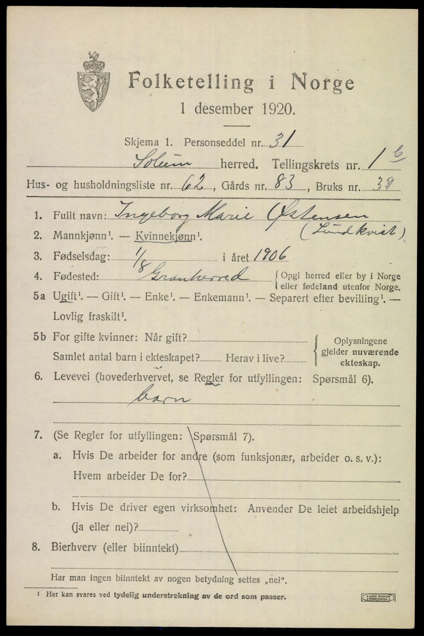 SAKO, 1920 census for Solum, 1920, p. 5602