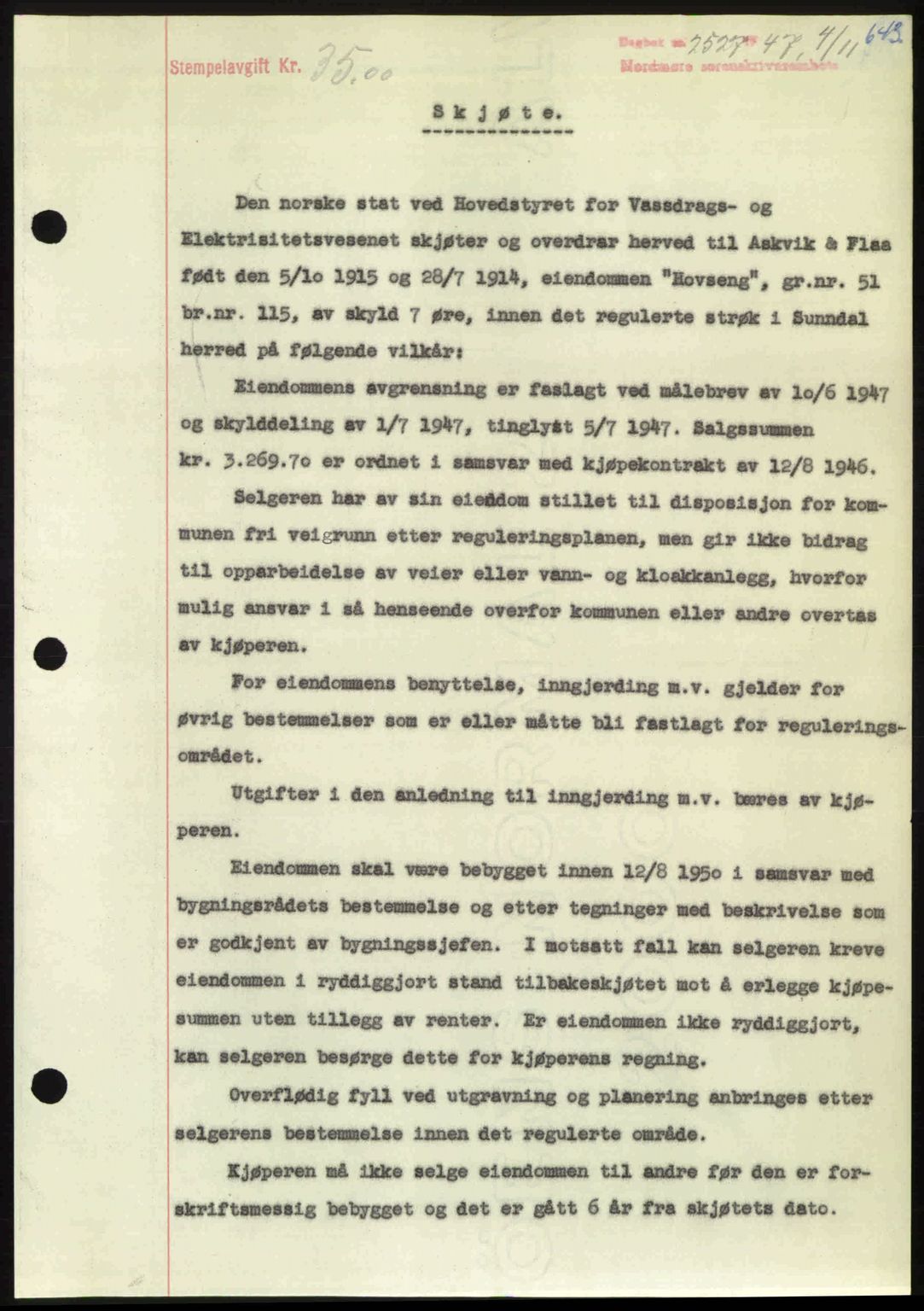 Nordmøre sorenskriveri, AV/SAT-A-4132/1/2/2Ca: Mortgage book no. A106, 1947-1947, Diary no: : 2527/1947