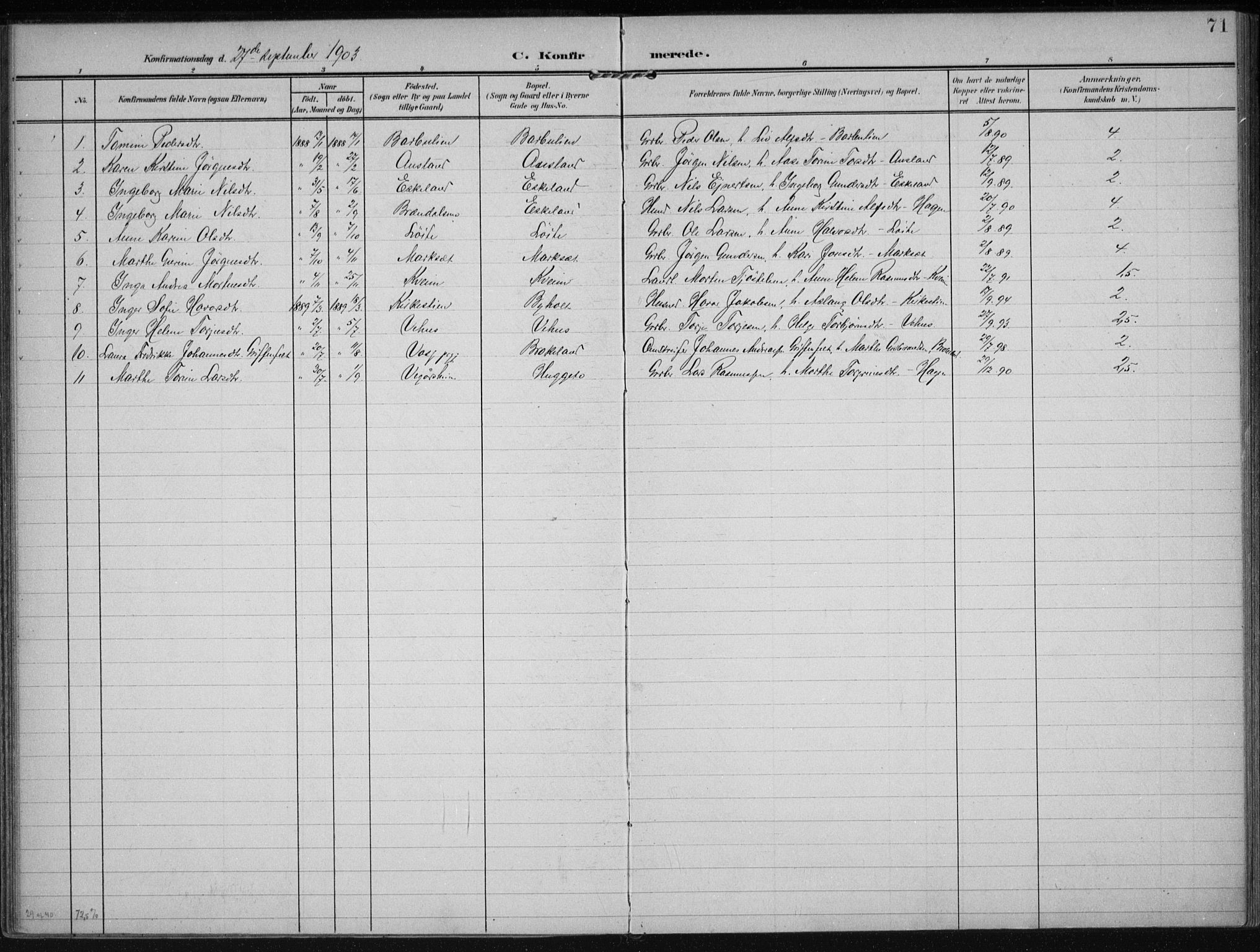 Gjerstad sokneprestkontor, SAK/1111-0014/F/Fa/Faa/L0011: Parish register (official) no. A 11, 1903-1914, p. 71