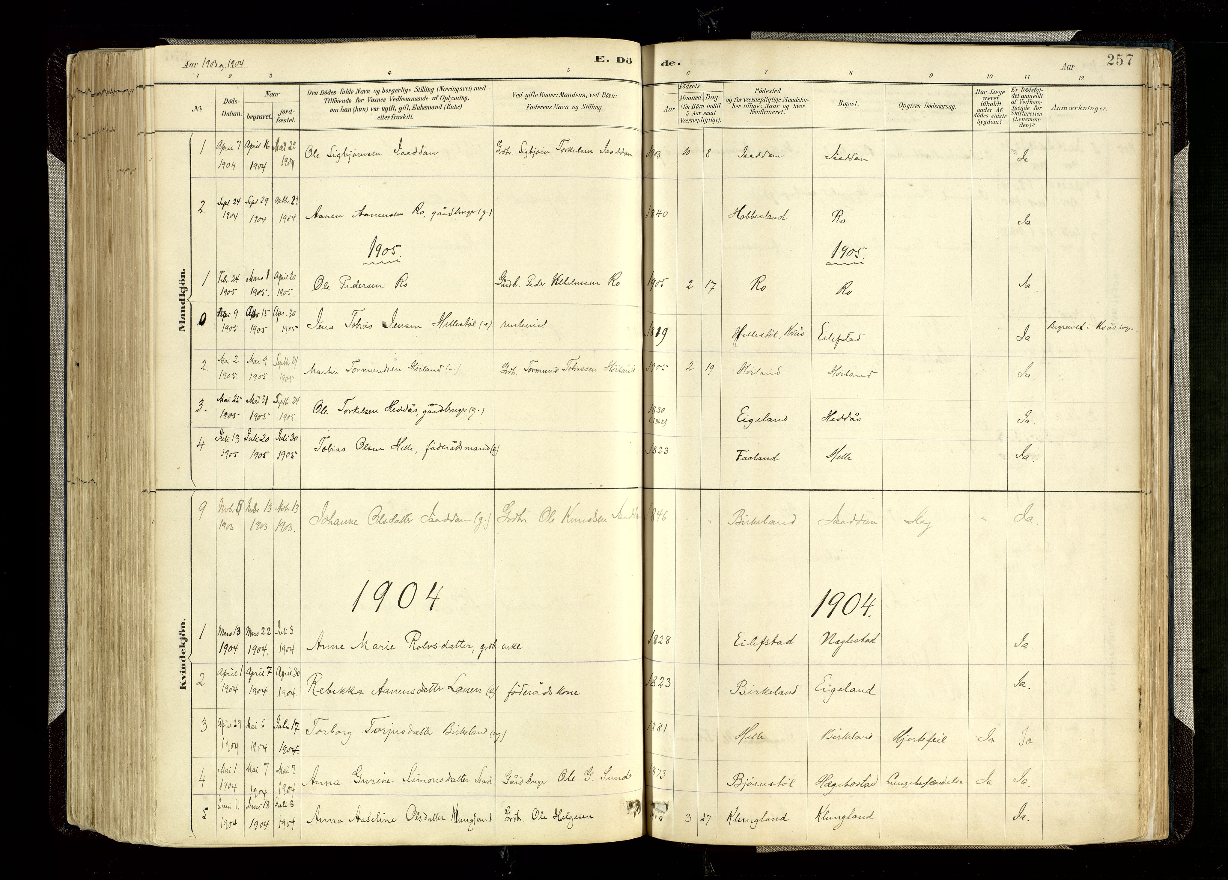 Hægebostad sokneprestkontor, SAK/1111-0024/F/Fa/Faa/L0006: Parish register (official) no. A 6, 1887-1929, p. 257