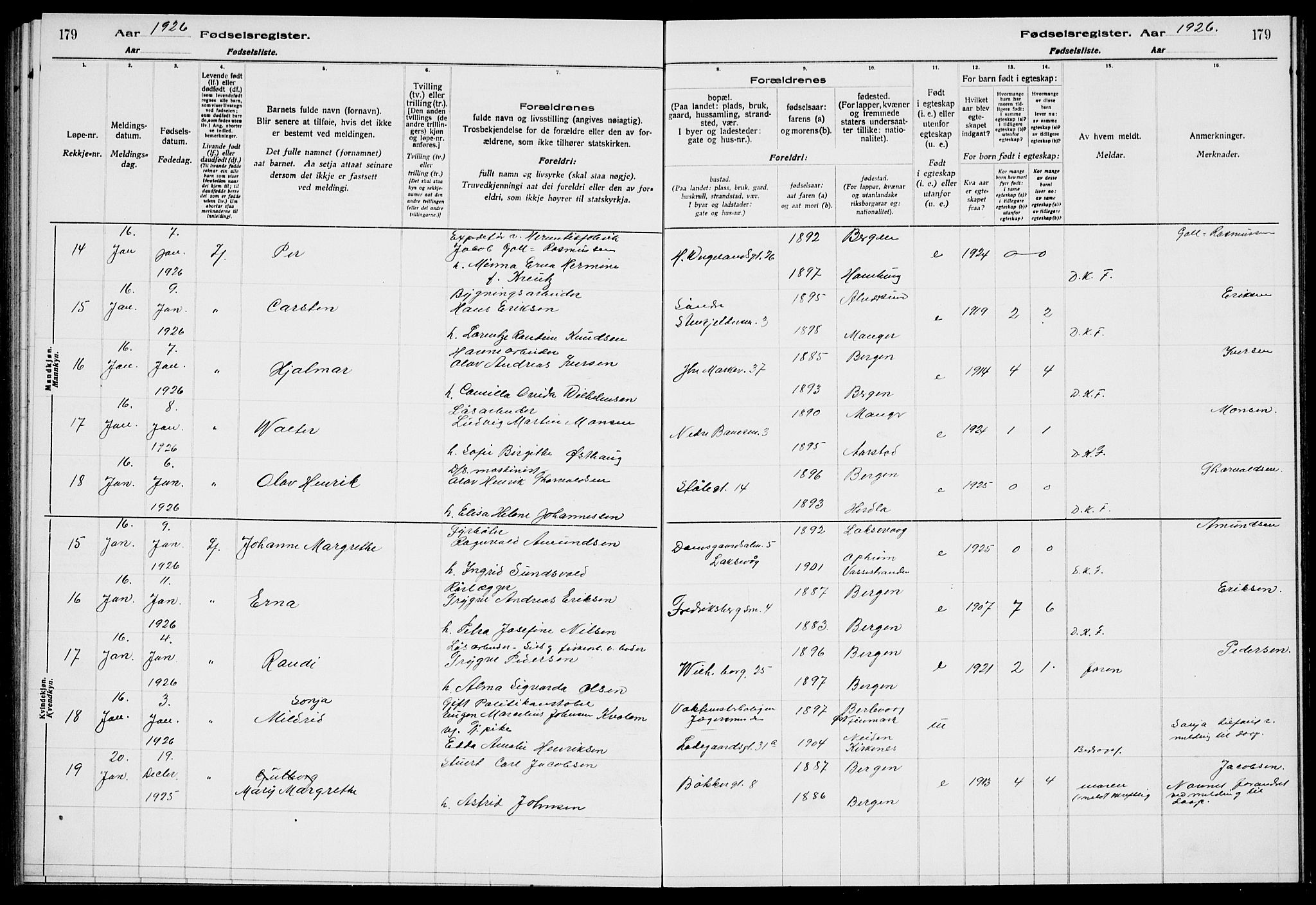 Sandviken Sokneprestembete, AV/SAB-A-77601/I/Ib/L00A3: Birth register no. A 3, 1923-1926, p. 179