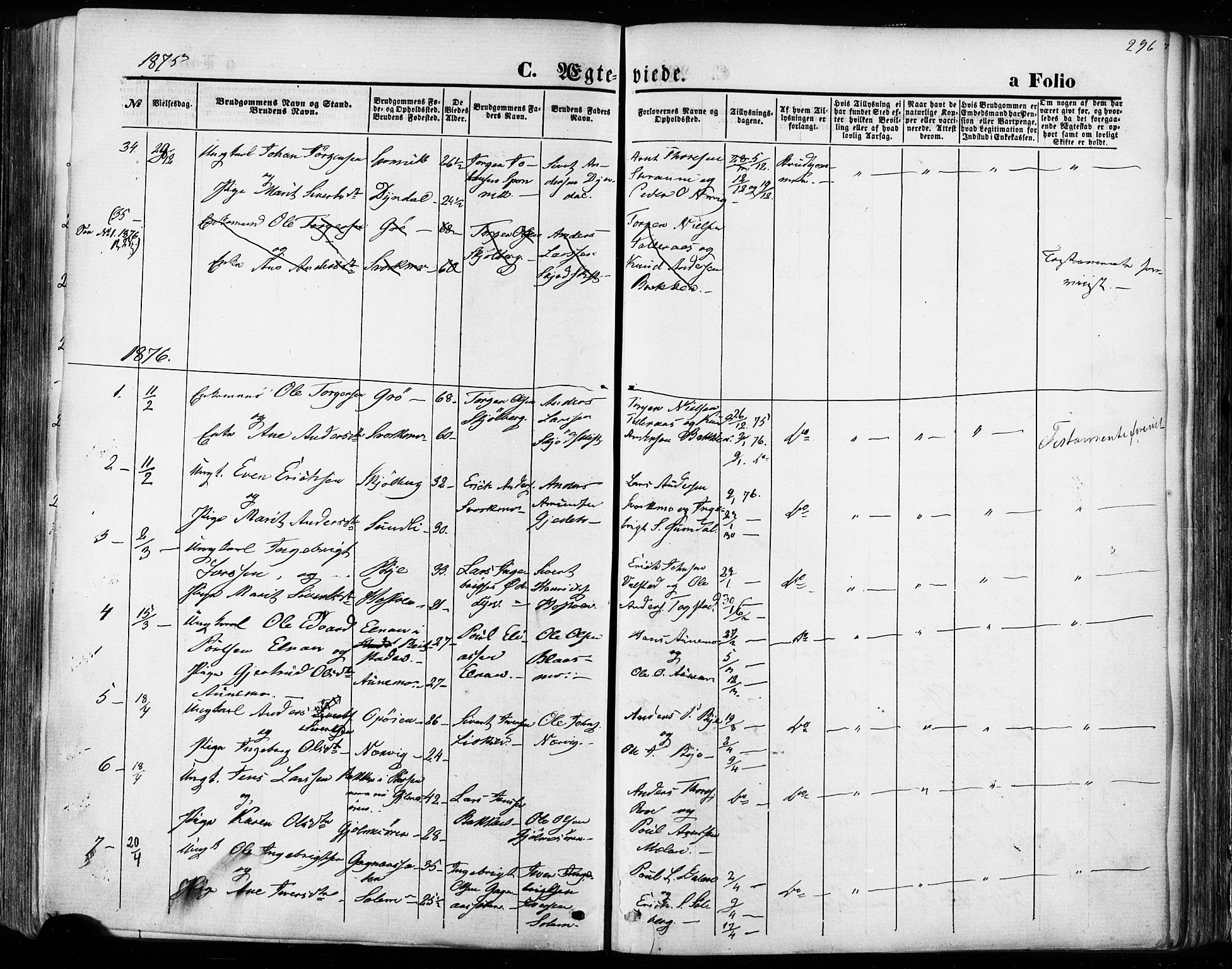 Ministerialprotokoller, klokkerbøker og fødselsregistre - Sør-Trøndelag, SAT/A-1456/668/L0807: Parish register (official) no. 668A07, 1870-1880, p. 296