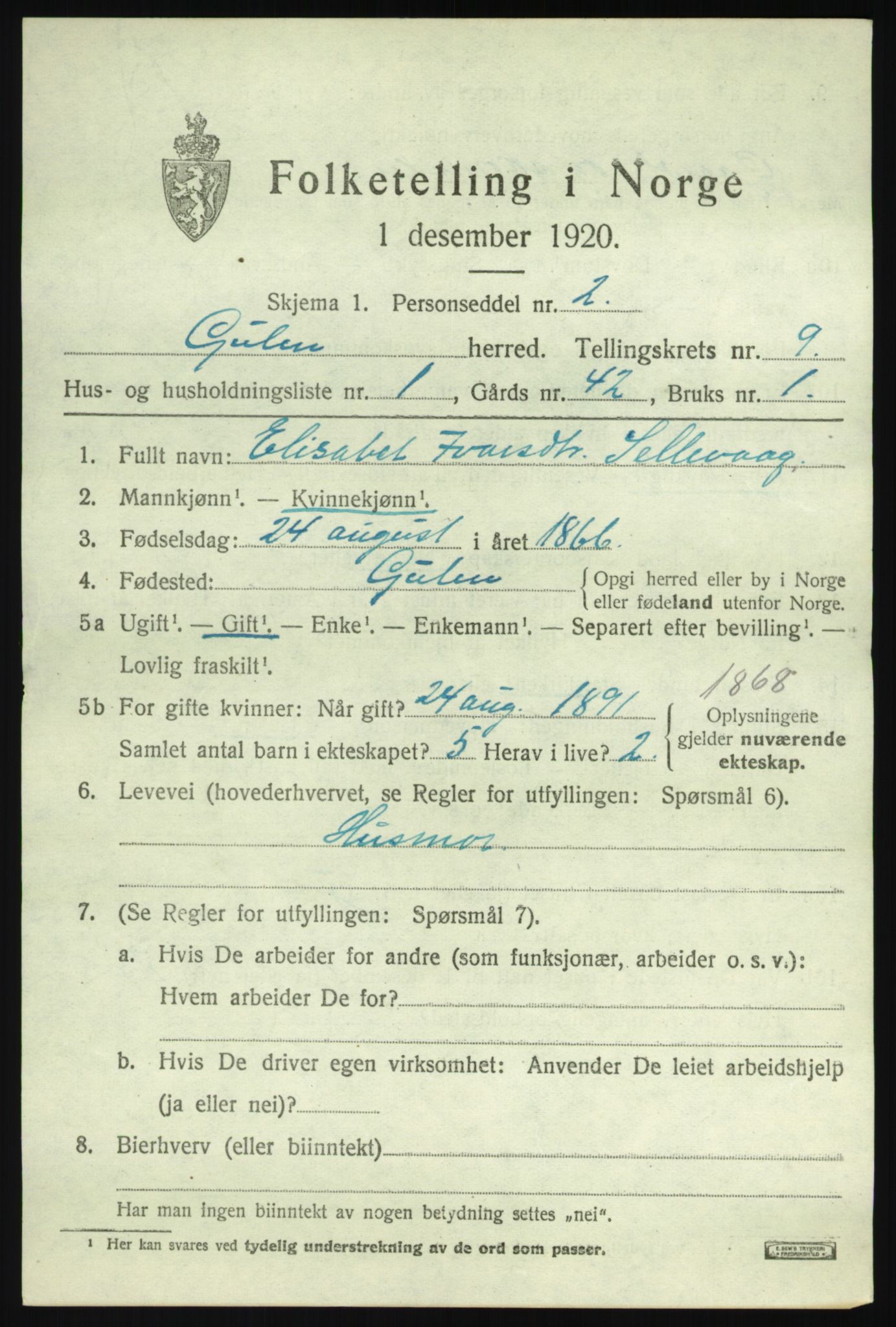 SAB, 1920 census for Gulen, 1920, p. 3879