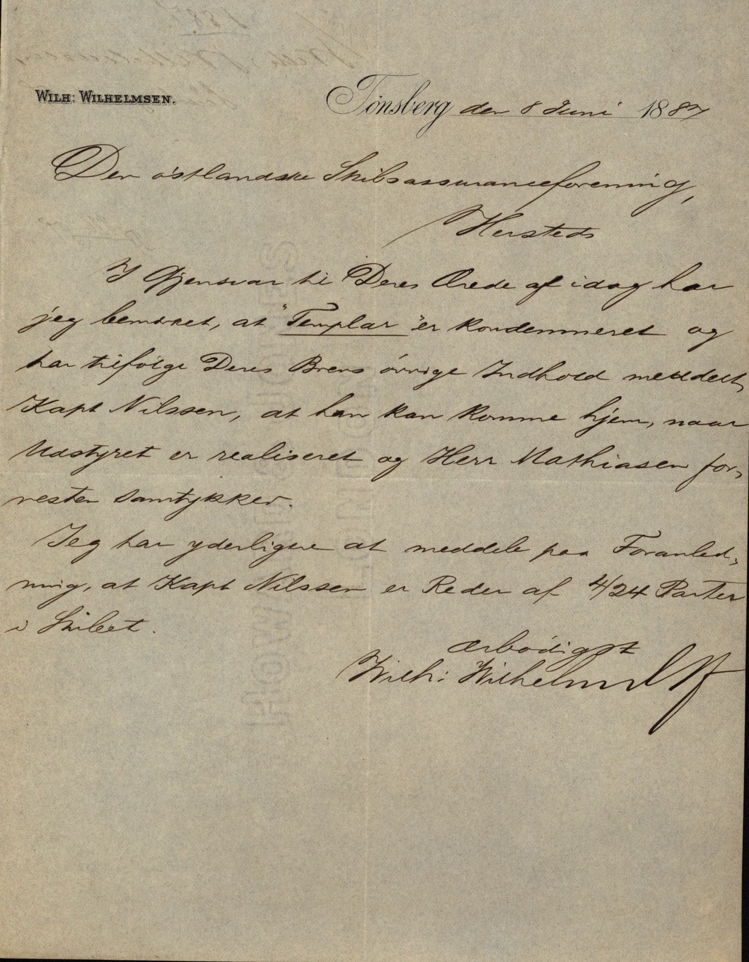 Pa 63 - Østlandske skibsassuranceforening, VEMU/A-1079/G/Ga/L0020/0003: Havaridokumenter / Anton, Diamant, Templar, Finn, Eliezer, Arctic, 1887, p. 195