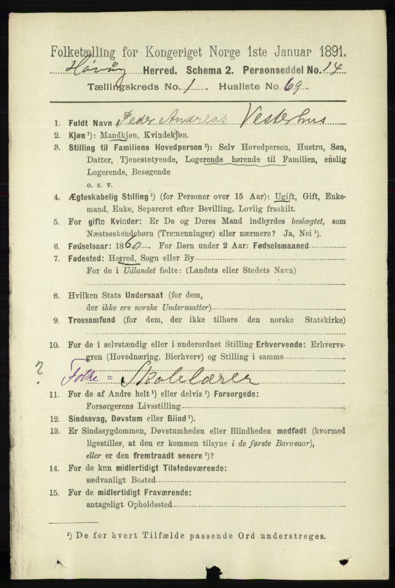 RA, 1891 census for 0927 Høvåg, 1891, p. 461