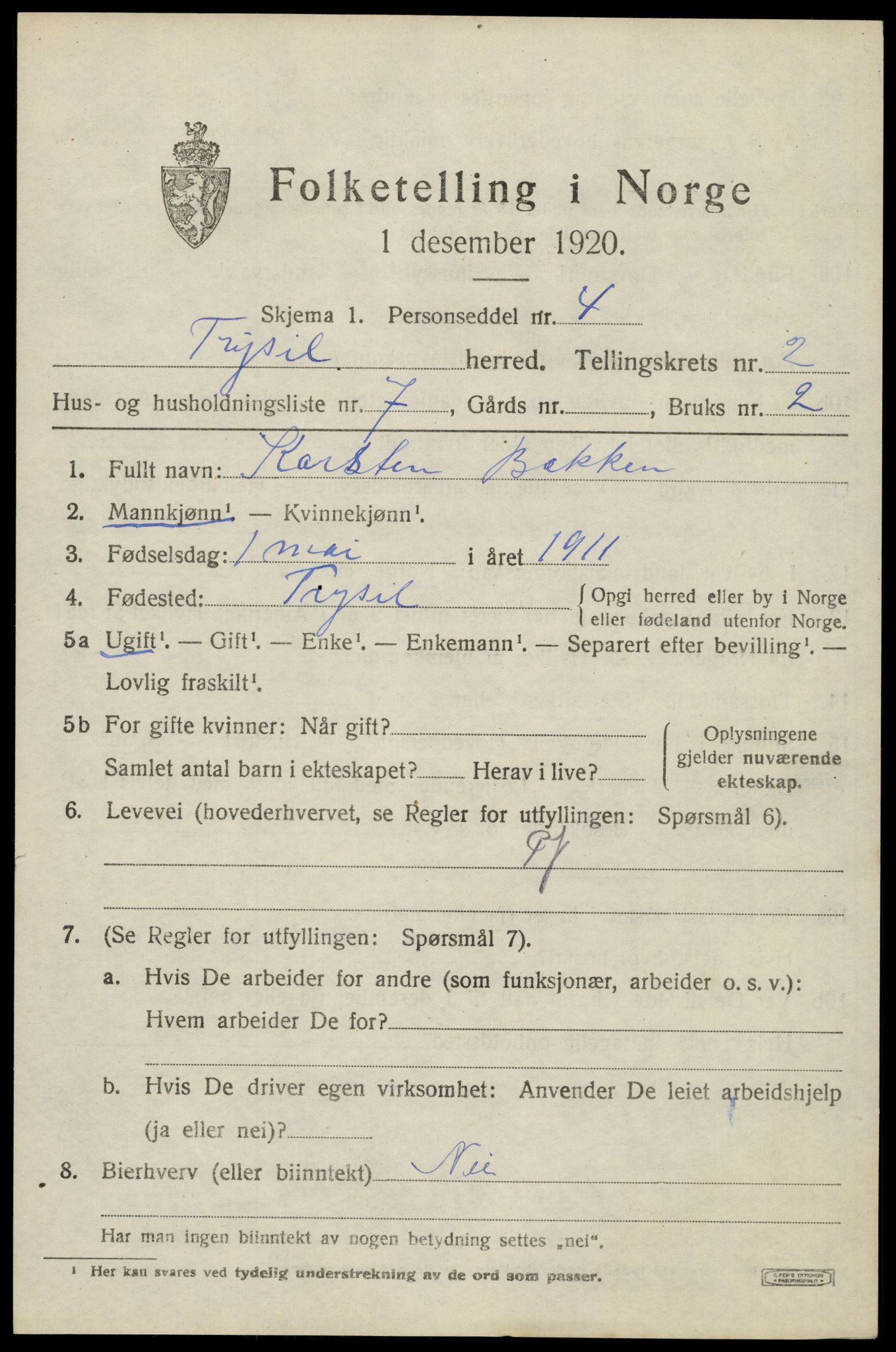 SAH, 1920 census for Trysil, 1920, p. 3159