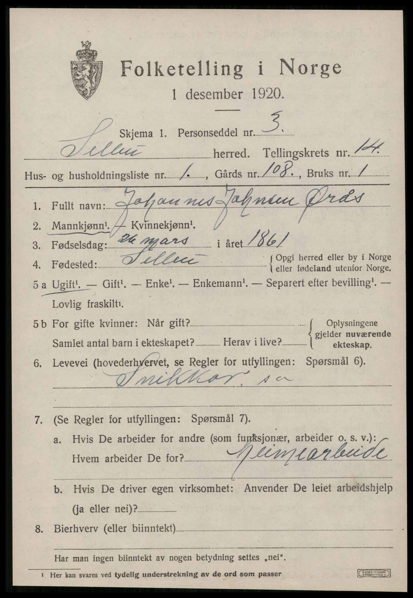 SAT, 1920 census for Selbu, 1920, p. 7452