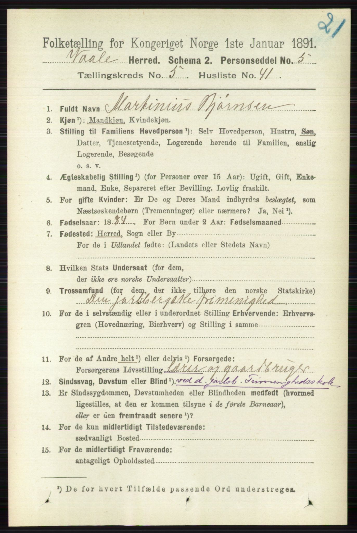 RA, 1891 census for 0716 Våle, 1891, p. 1628