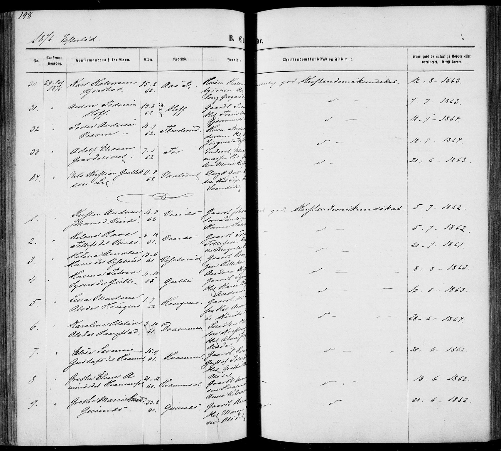 Sandsvær kirkebøker, AV/SAKO-A-244/F/Fa/L0007: Parish register (official) no. I 7, 1869-1877, p. 198