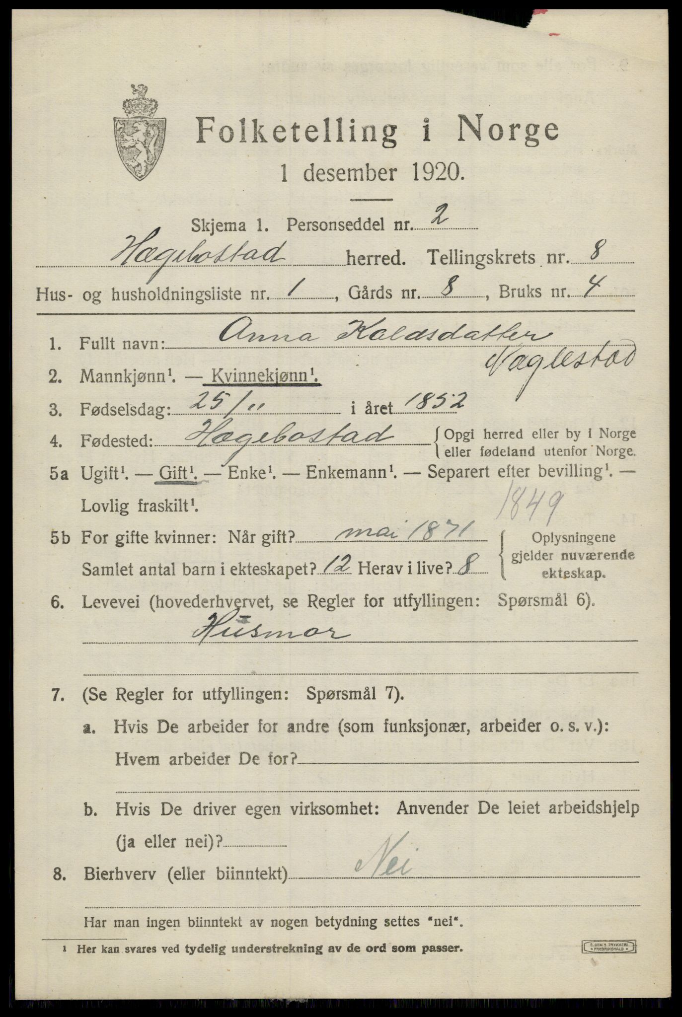 SAK, 1920 census for Hægebostad, 1920, p. 2189