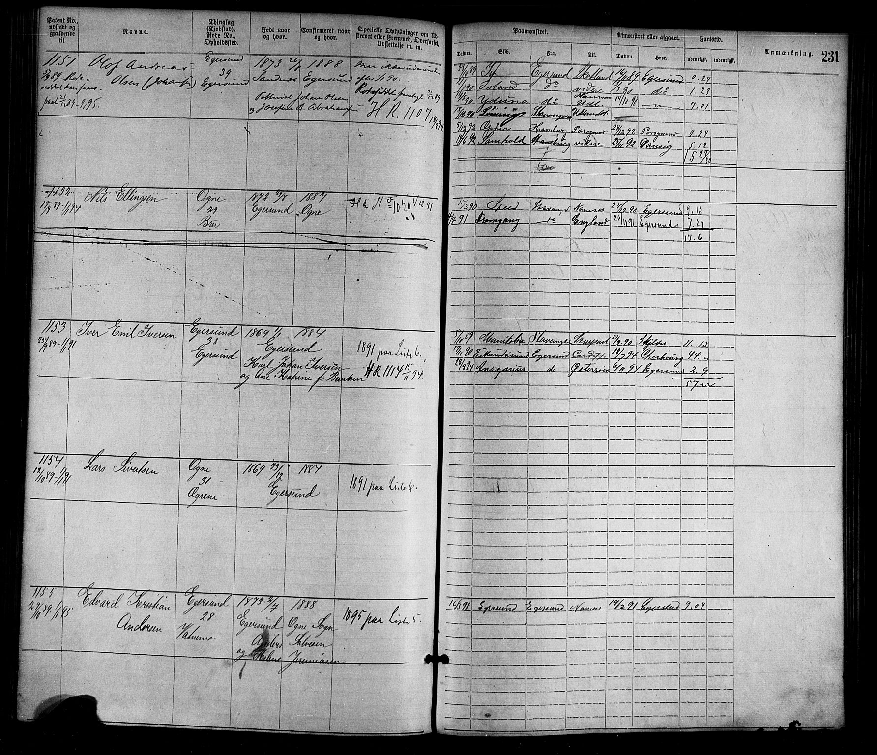 Egersund mønstringskrets, SAK/2031-0019/F/Fa/L0001: Annotasjonsrulle nr 1-1440 med register, O-1, 1869-1895, p. 255