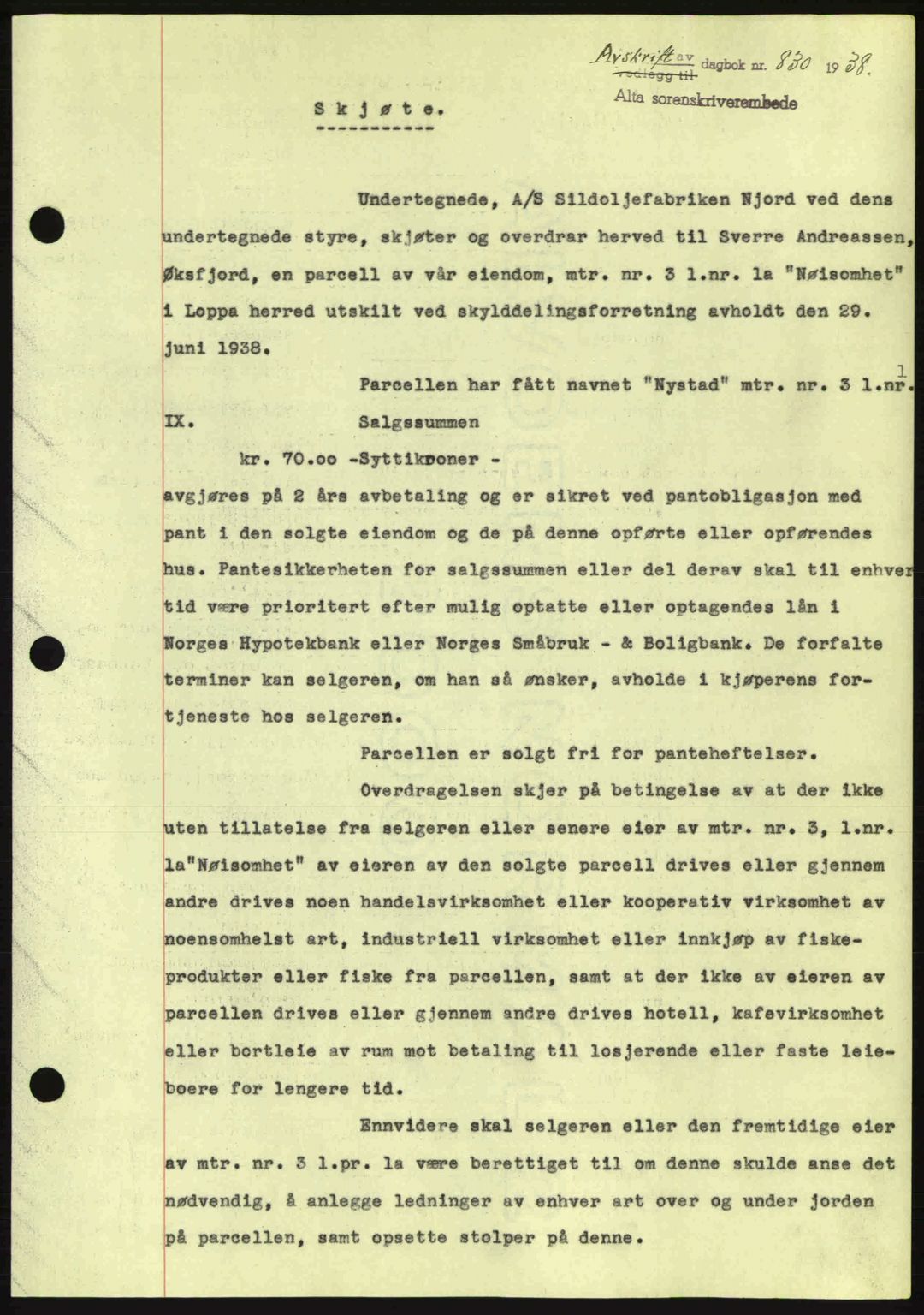 Alta fogderi/sorenskriveri, SATØ/SATØ-5/1/K/Kd/L0031pantebok: Mortgage book no. 31, 1938-1939, Diary no: : 830/1938