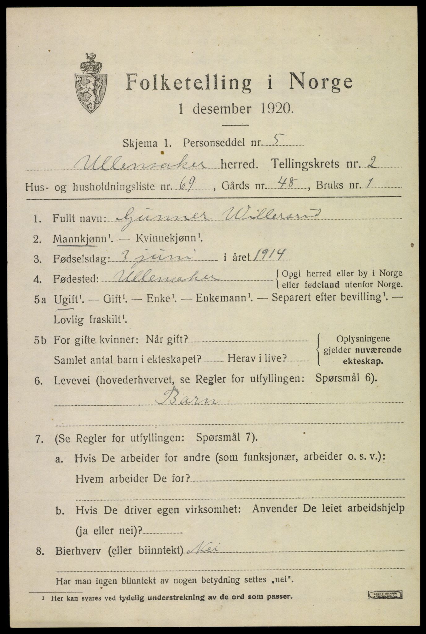 SAO, 1920 census for Ullensaker, 1920, p. 5499