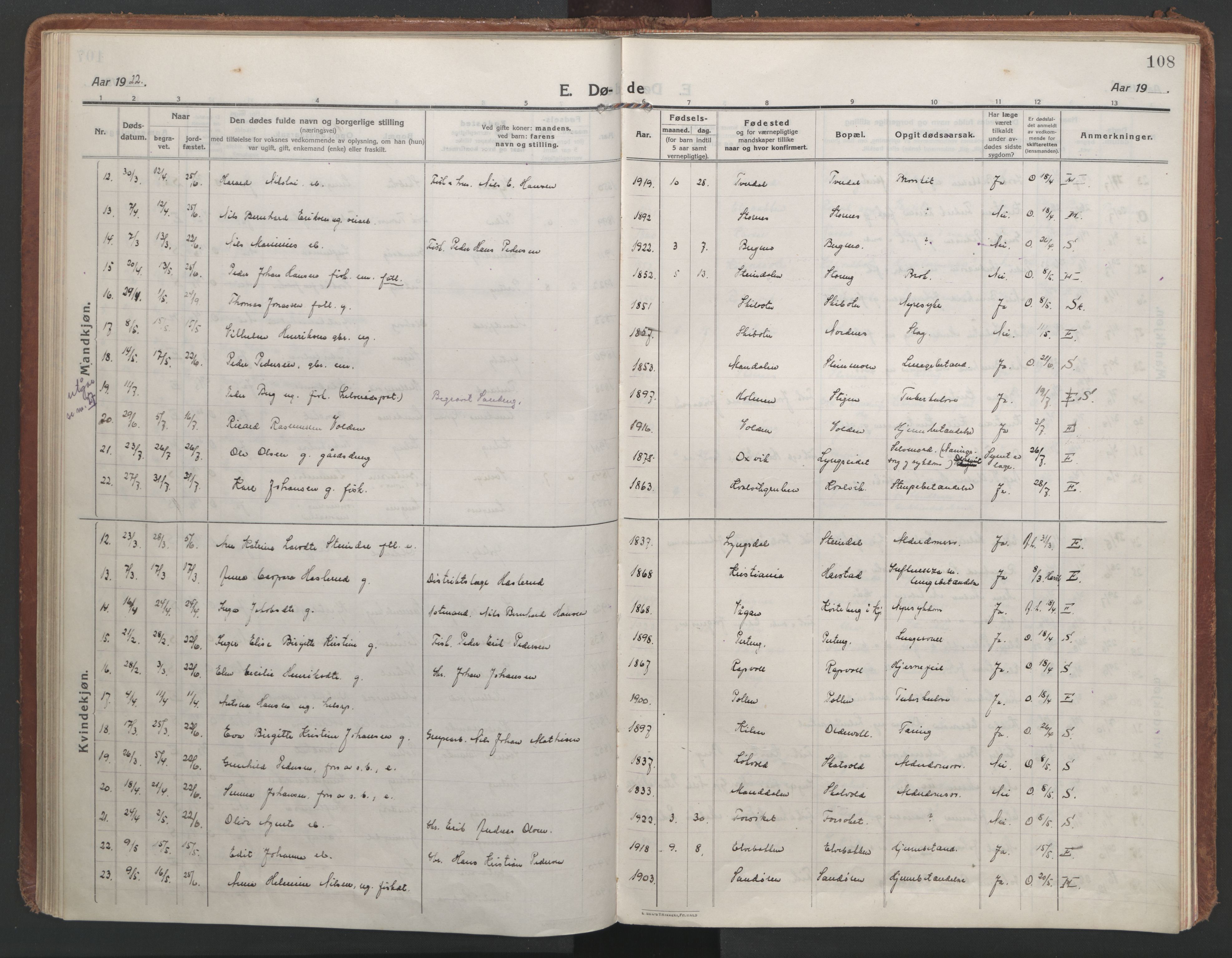 Lyngen sokneprestembete, AV/SATØ-S-1289/H/He/Hea/L0013kirke: Parish register (official) no. 13, 1914-1923, p. 108