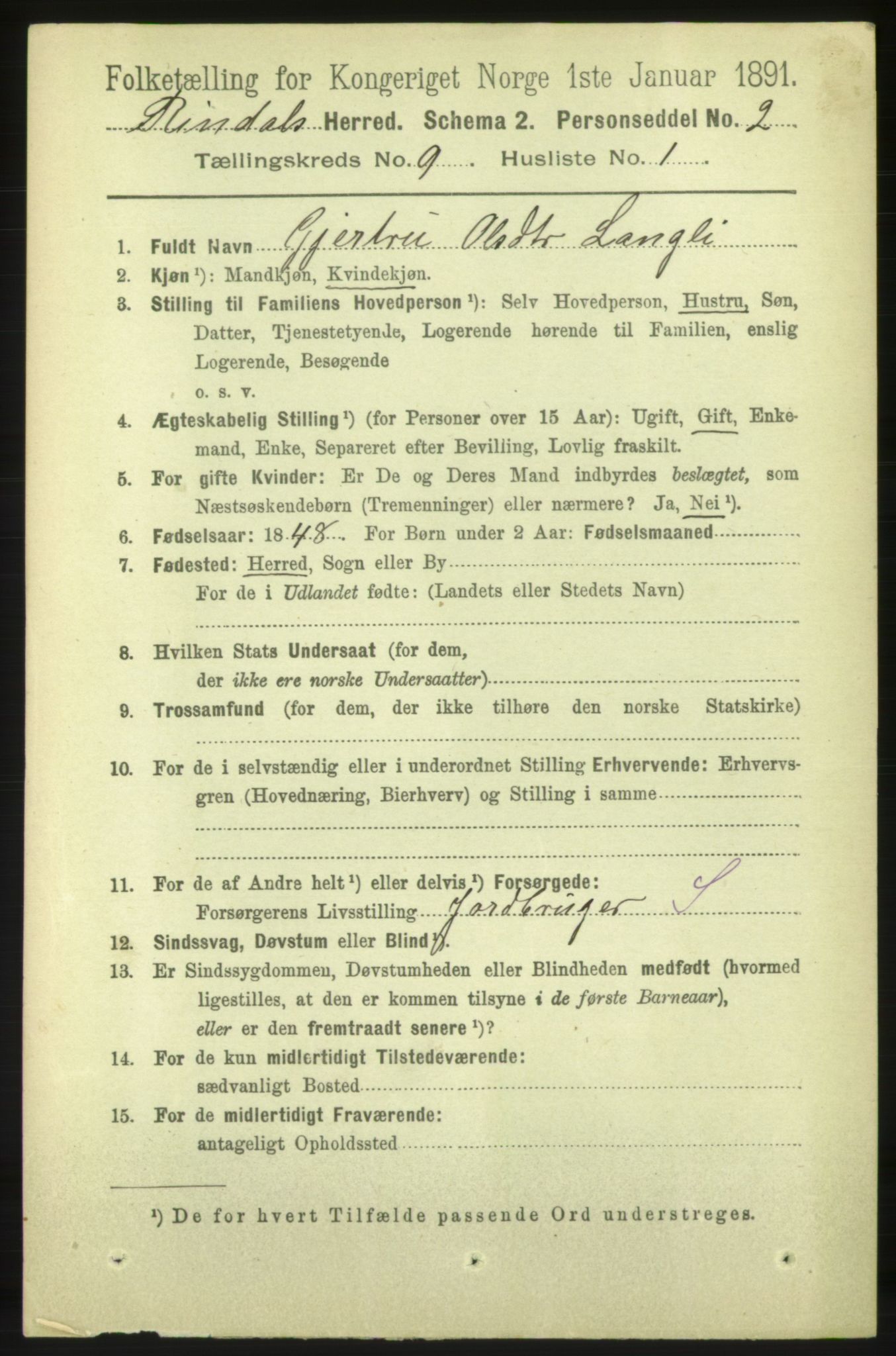 RA, 1891 census for 1567 Rindal, 1891, p. 2884