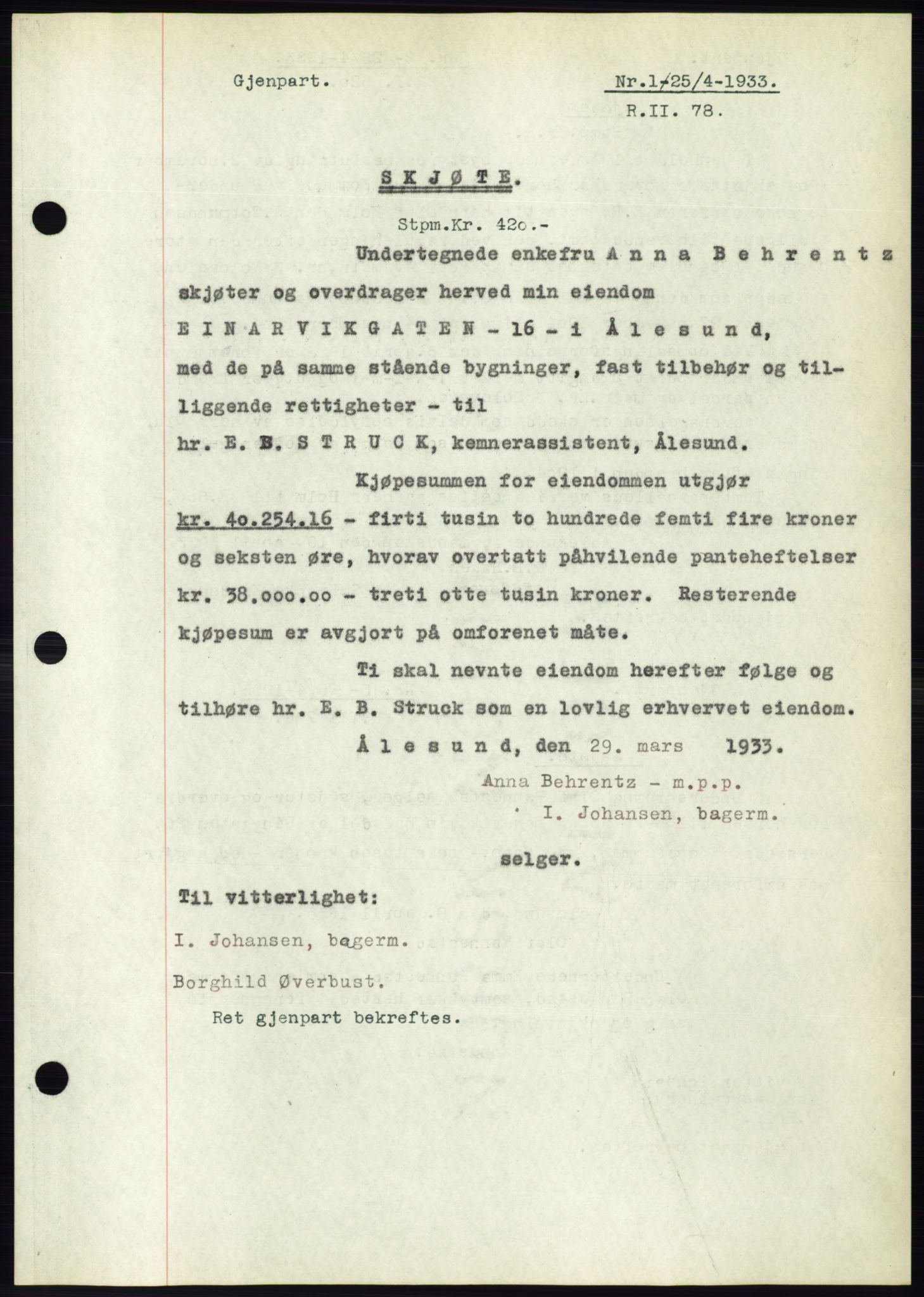 Ålesund byfogd, AV/SAT-A-4384: Mortgage book no. 30, 1932-1933, Deed date: 25.04.1933