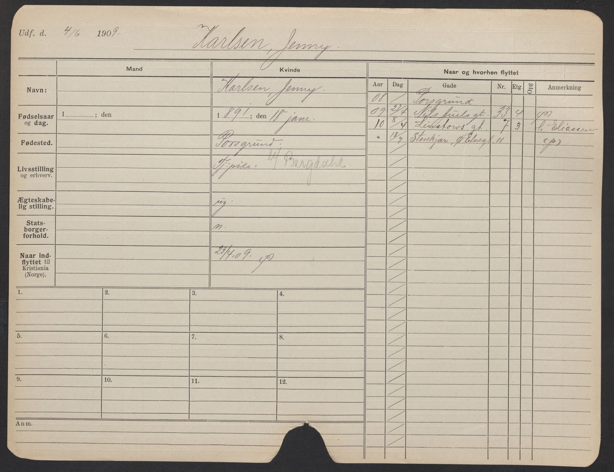 Oslo folkeregister, Registerkort, AV/SAO-A-11715/F/Fa/Fac/L0018: Kvinner, 1906-1914, p. 853a