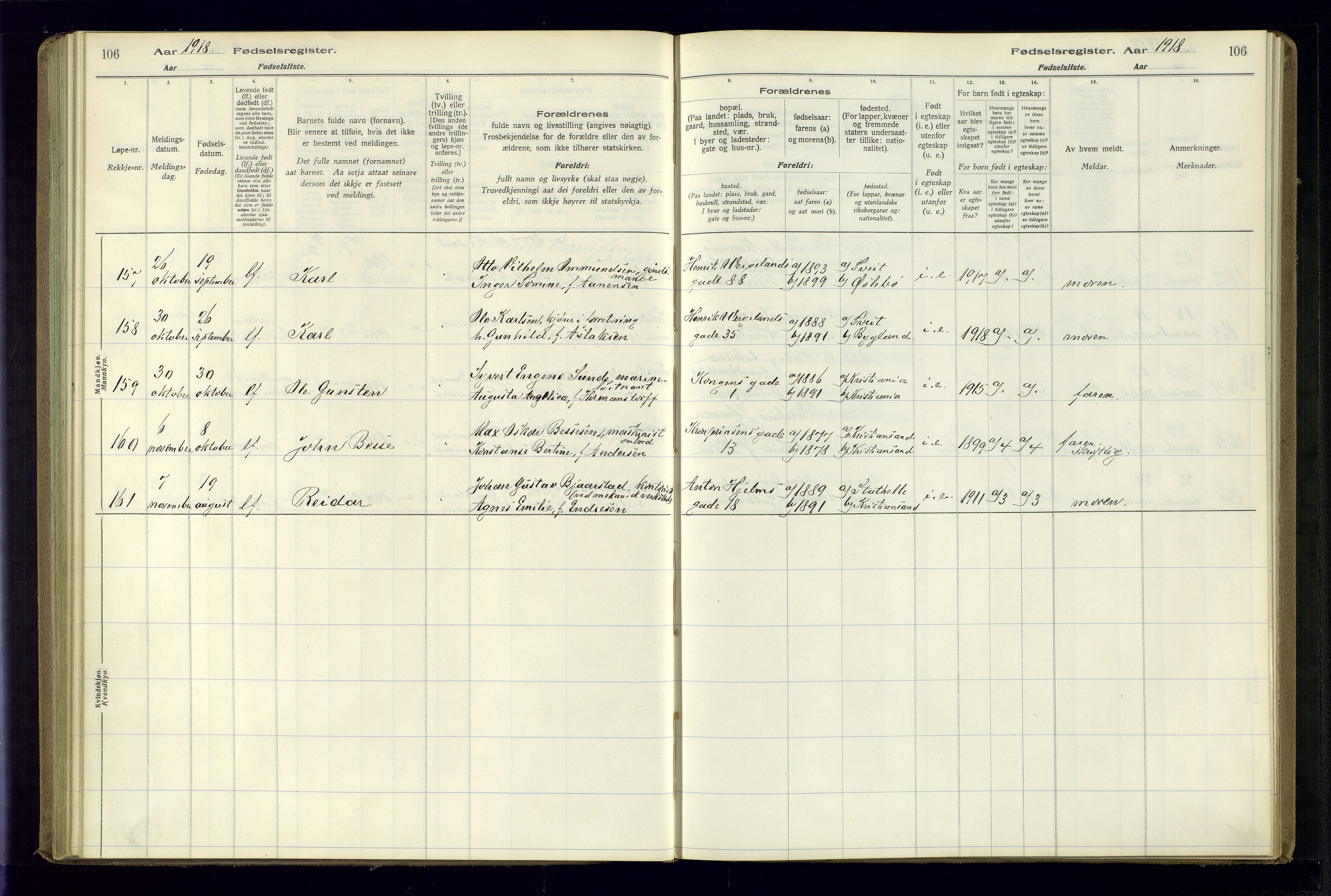 Kristiansand domprosti, AV/SAK-1112-0006/J/Jc/L0001: Birth register no. A-VI-45, 1916-1921, p. 106