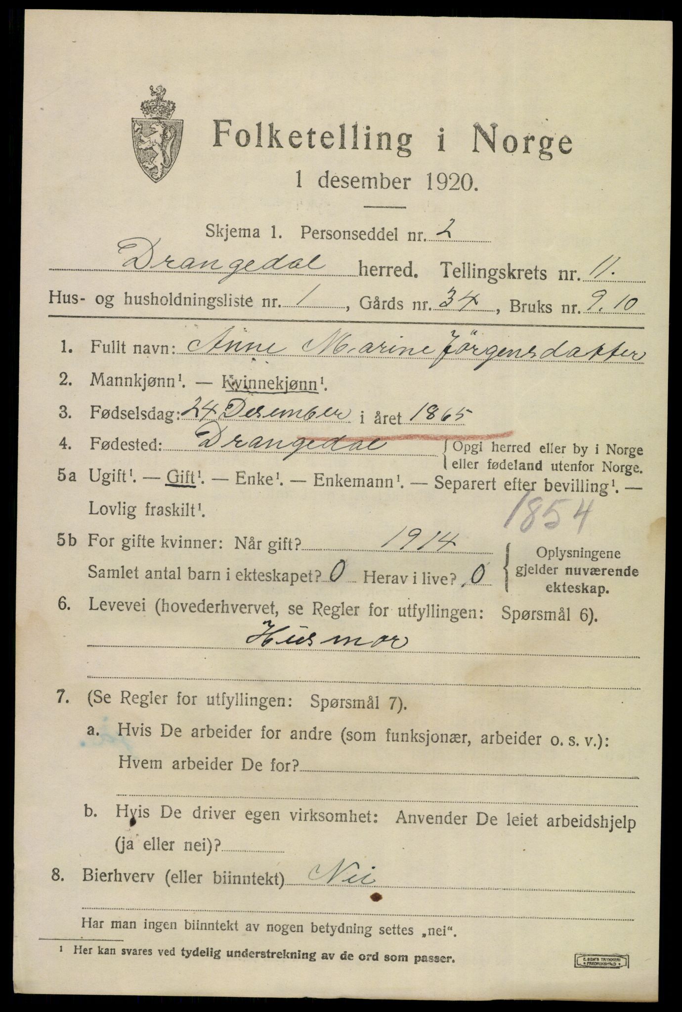 SAKO, 1920 census for Drangedal, 1920, p. 6619