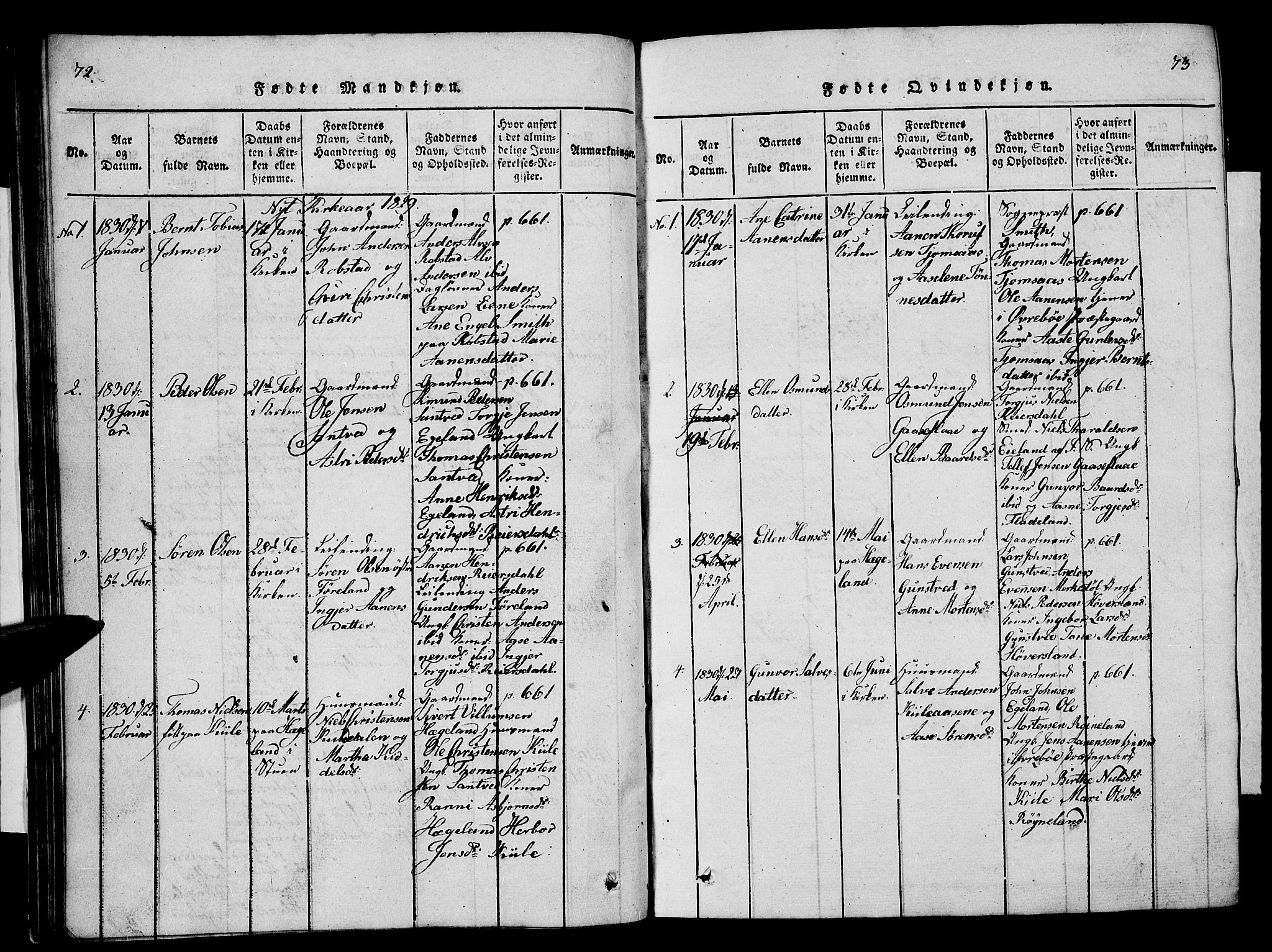 Vennesla sokneprestkontor, SAK/1111-0045/Fb/Fba/L0001: Parish register (copy) no. B 1, 1820-1834, p. 72-73