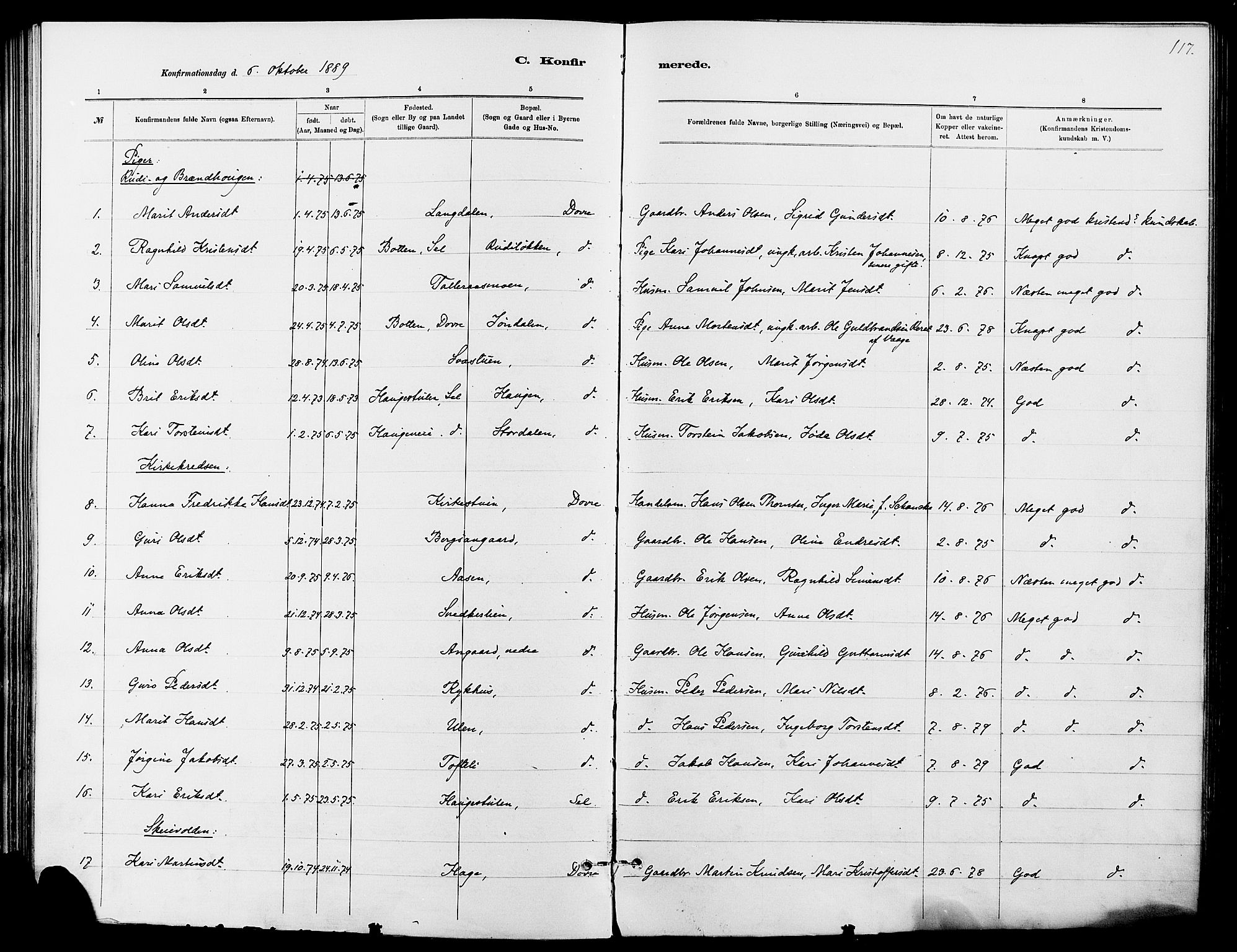 Dovre prestekontor, SAH/PREST-066/H/Ha/Haa/L0002: Parish register (official) no. 2, 1879-1890, p. 117