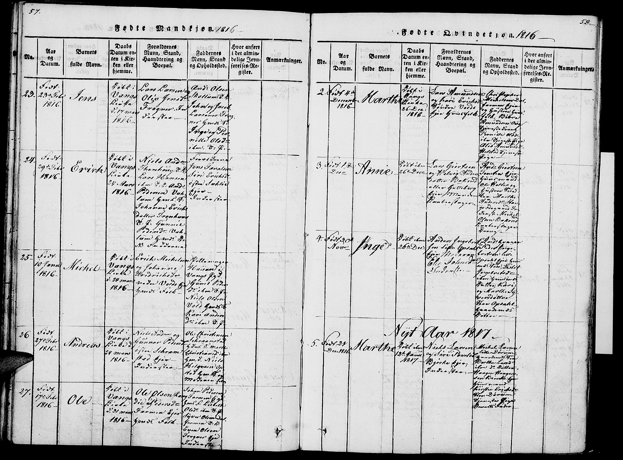 Vang prestekontor, Hedmark, AV/SAH-PREST-008/H/Ha/Haa/L0007: Parish register (official) no. 7, 1813-1826, p. 57-58