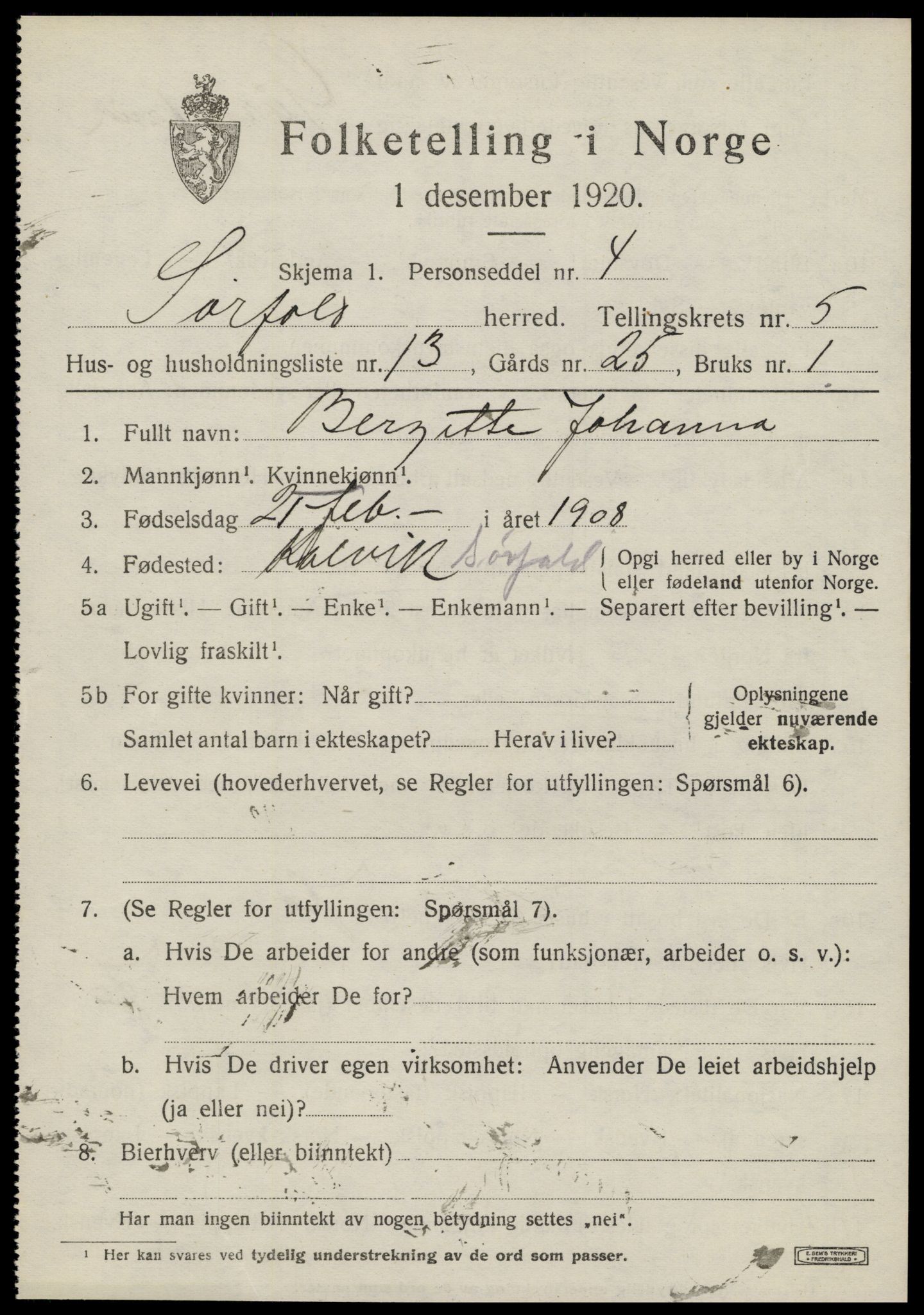 SAT, 1920 census for Sørfold, 1920, p. 3179