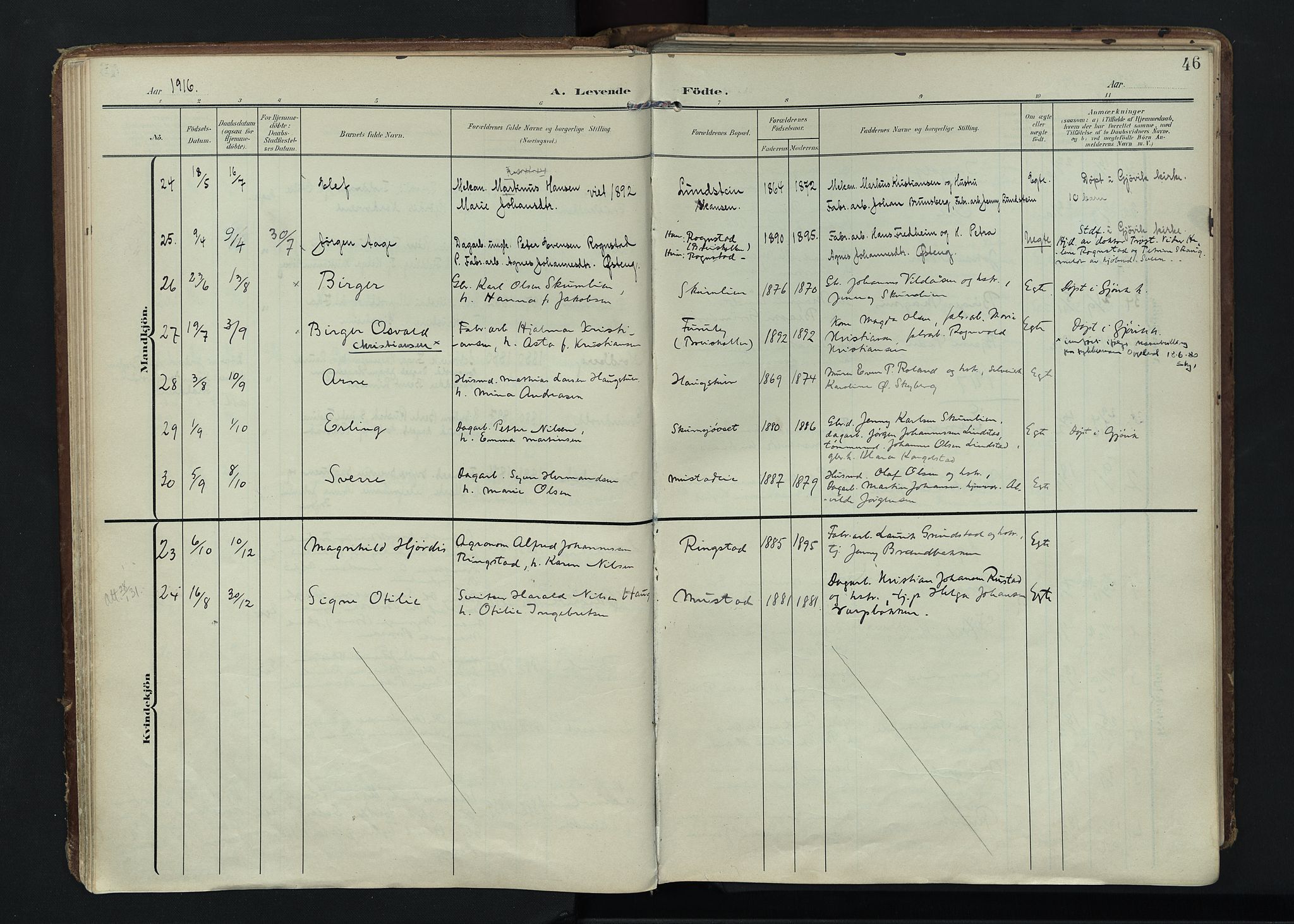 Vardal prestekontor, SAH/PREST-100/H/Ha/Haa/L0020: Parish register (official) no. 20, 1907-1921, p. 46