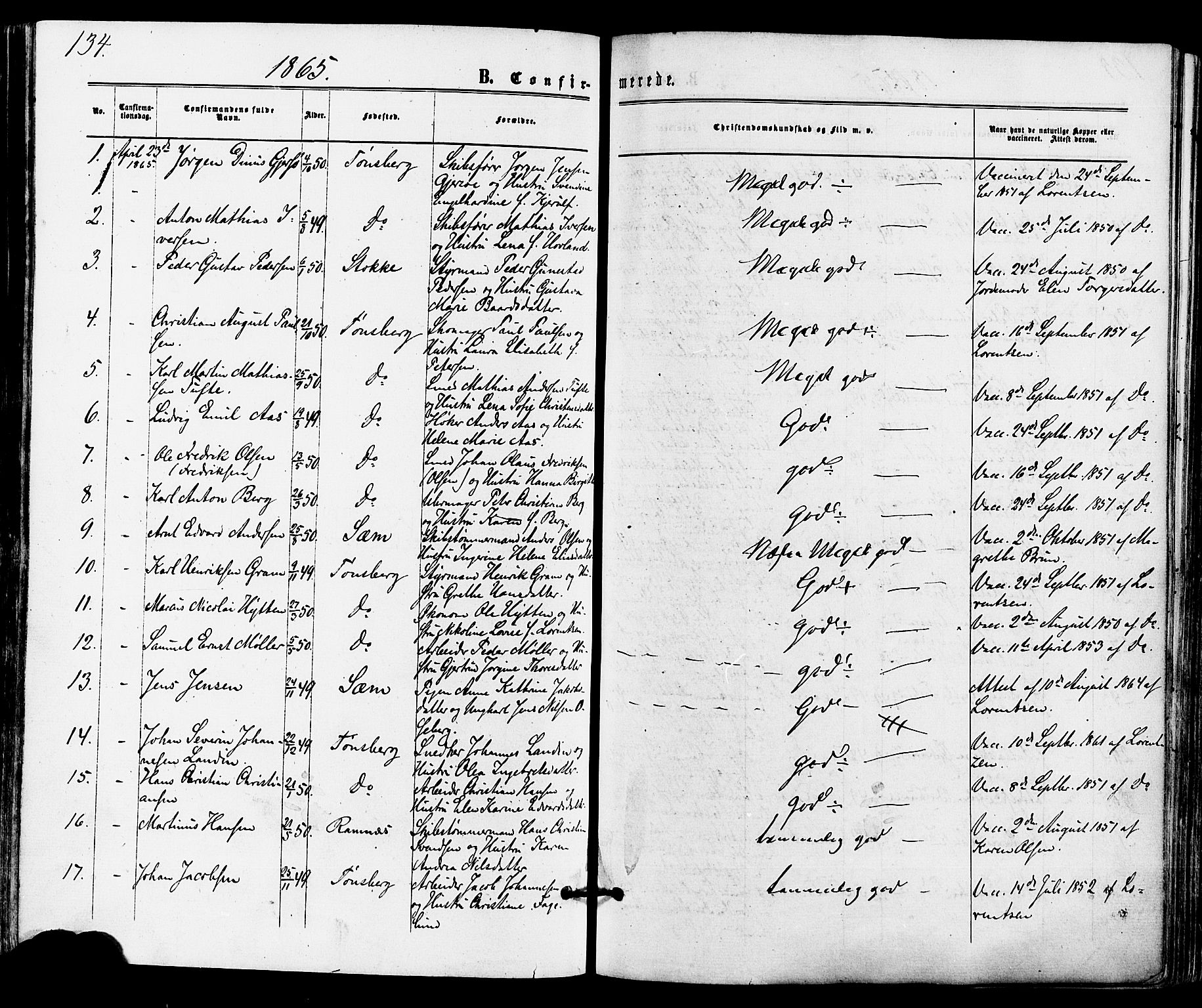 Tønsberg kirkebøker, SAKO/A-330/F/Fa/L0009: Parish register (official) no. I 9, 1865-1873, p. 134
