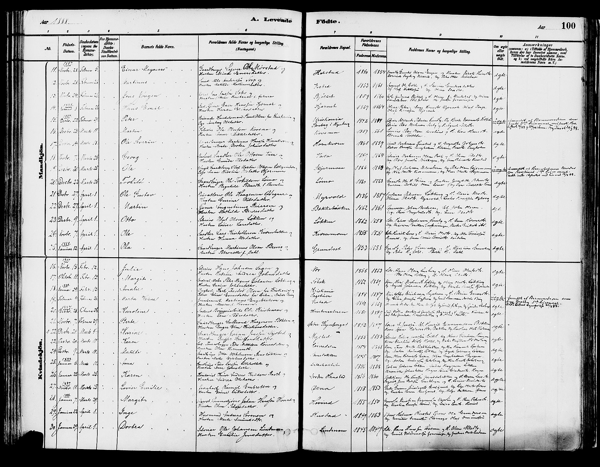 Elverum prestekontor, AV/SAH-PREST-044/H/Ha/Haa/L0013: Parish register (official) no. 13, 1880-1890, p. 100