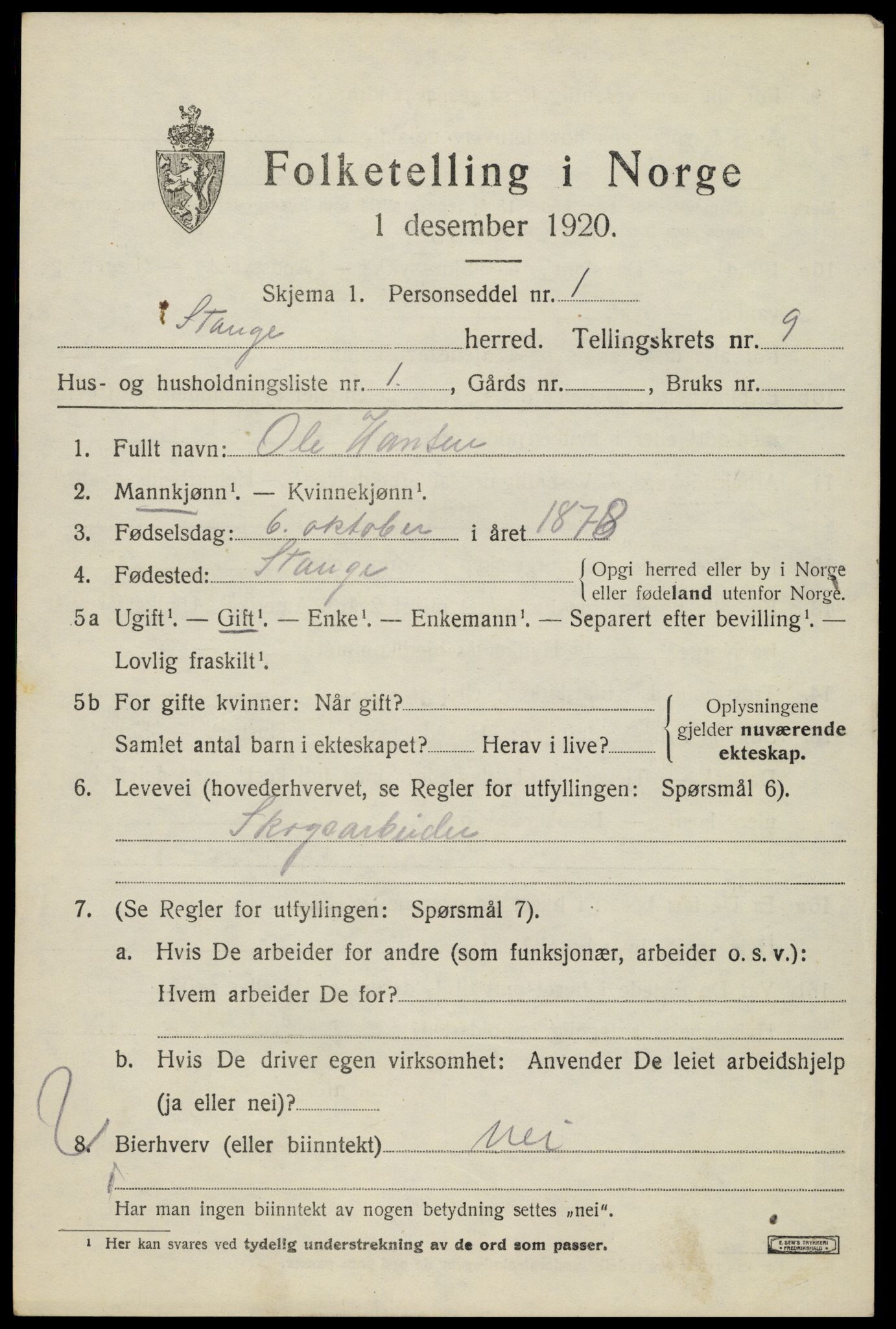 SAH, 1920 census for Stange, 1920, p. 14581