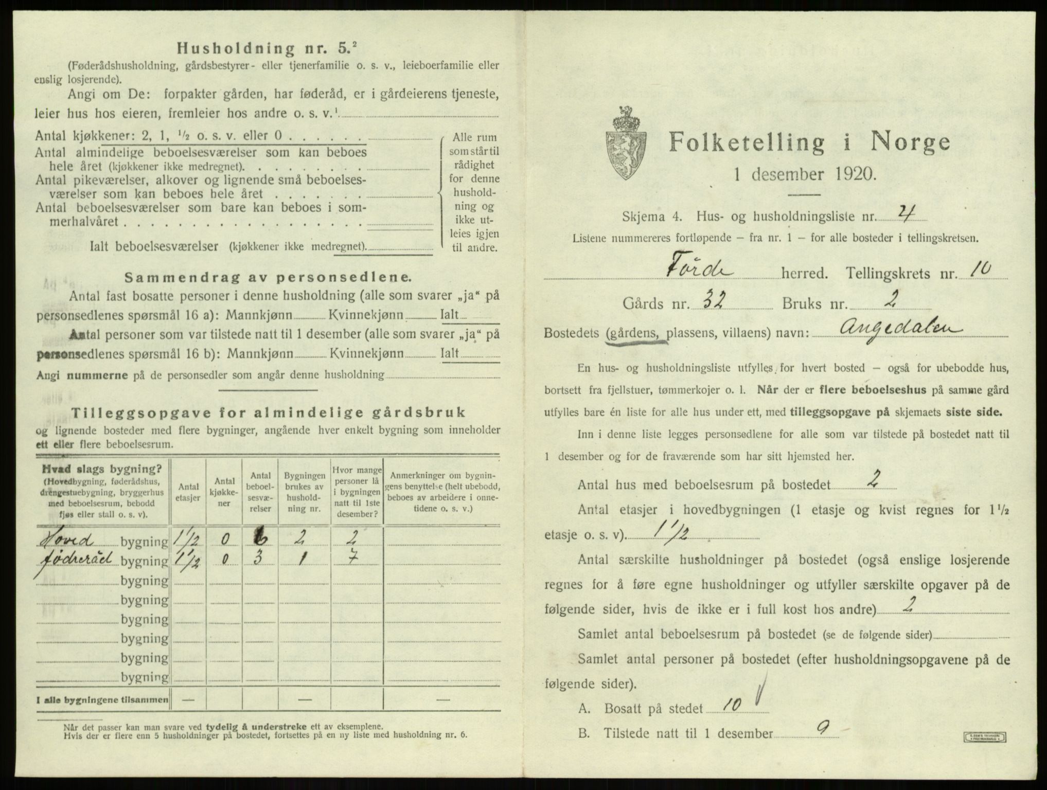 SAB, 1920 census for Førde, 1920, p. 540