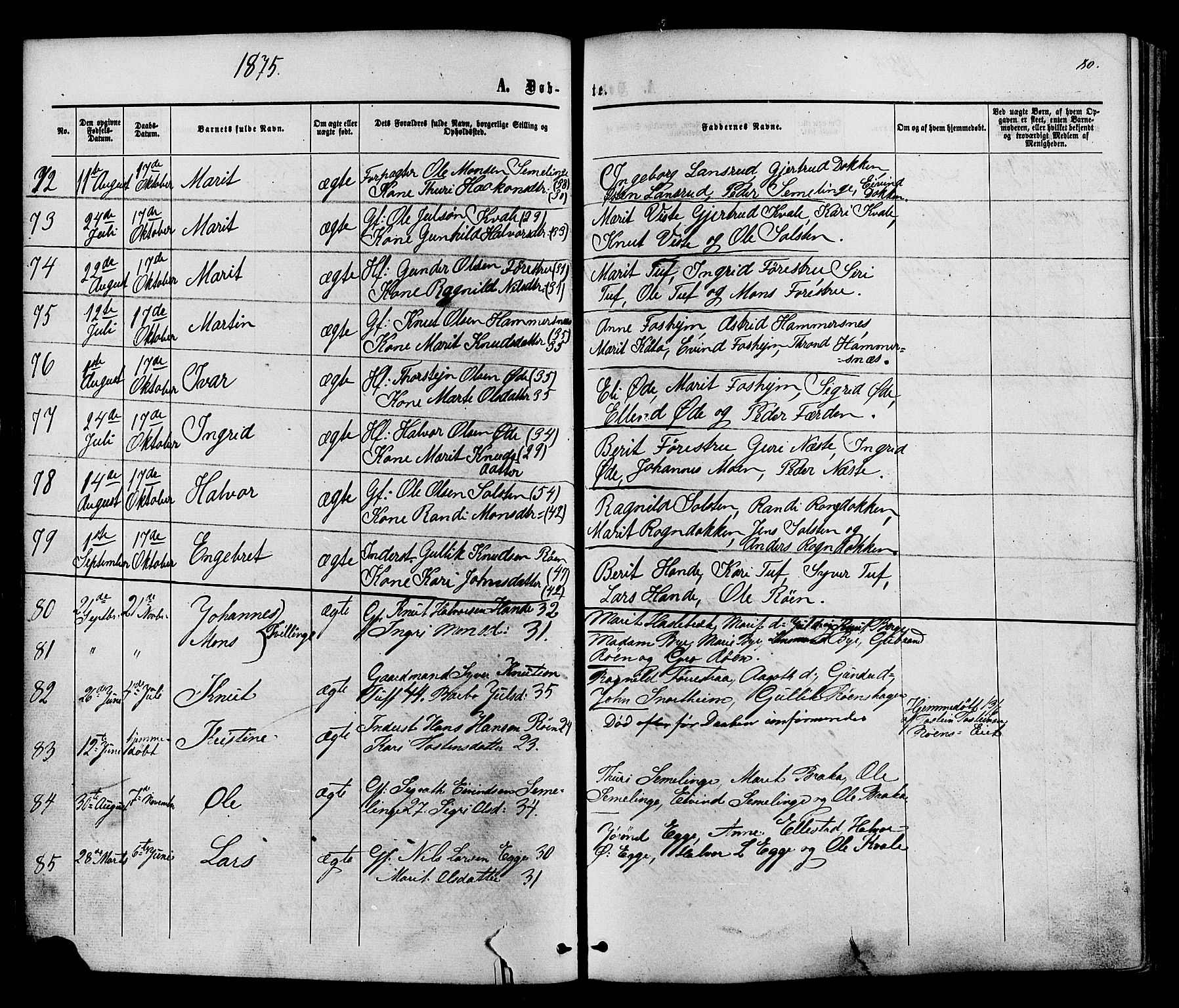 Vestre Slidre prestekontor, SAH/PREST-136/H/Ha/Haa/L0003: Parish register (official) no. 3, 1865-1880, p. 80