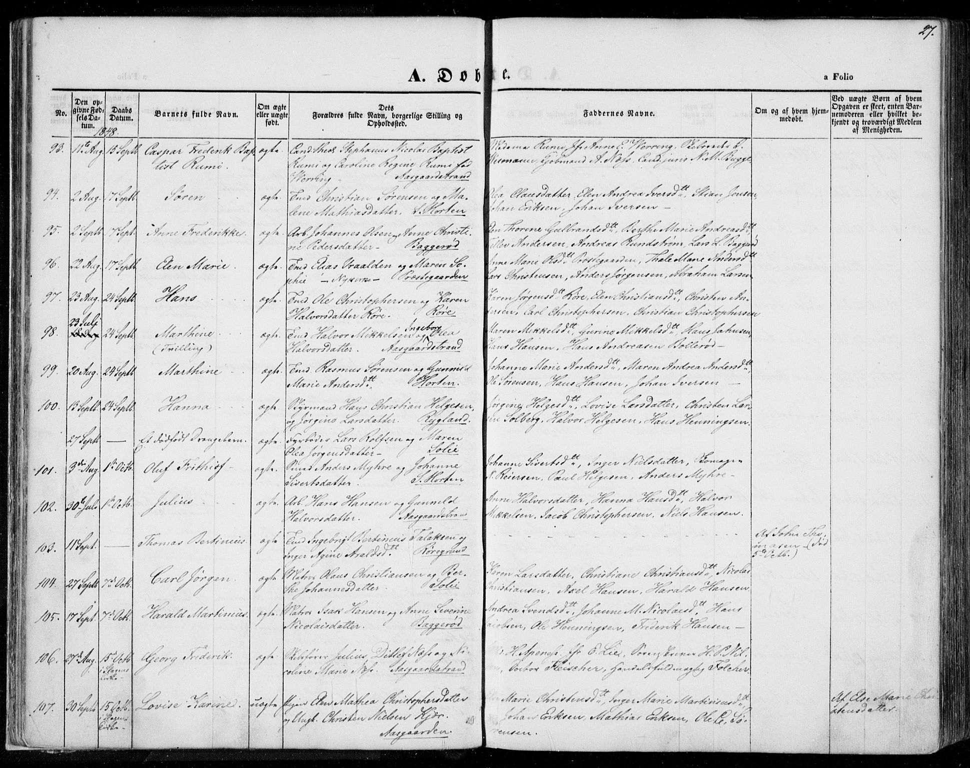 Borre kirkebøker, AV/SAKO-A-338/F/Fa/L0005: Parish register (official) no. I 5, 1845-1851, p. 27