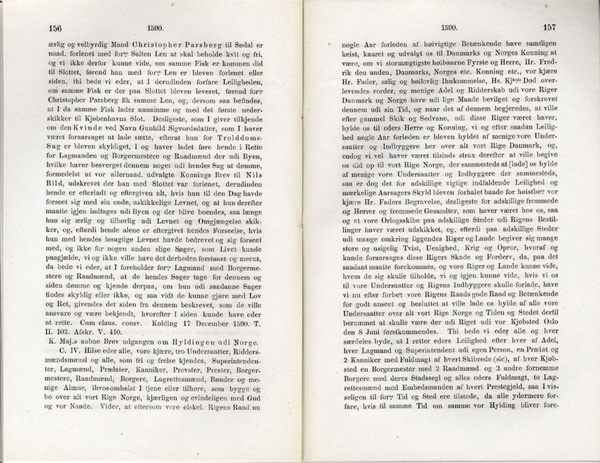 Publikasjoner utgitt av Det Norske Historiske Kildeskriftfond, PUBL/-/-/-: Norske Rigs-Registranter, bind 3, 1588-1602, p. 156-157