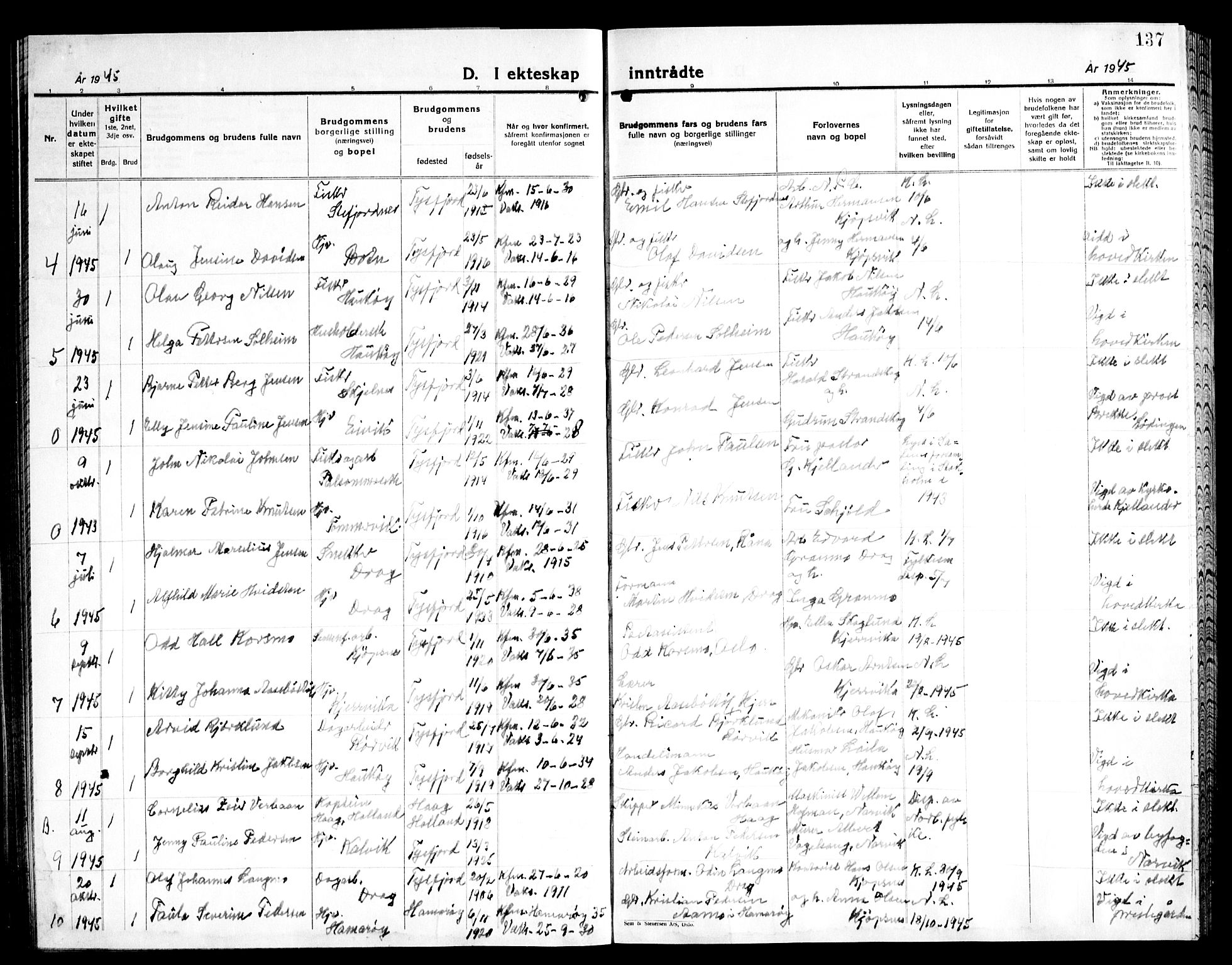 Ministerialprotokoller, klokkerbøker og fødselsregistre - Nordland, AV/SAT-A-1459/861/L0881: Parish register (copy) no. 861C07, 1938-1945, p. 137