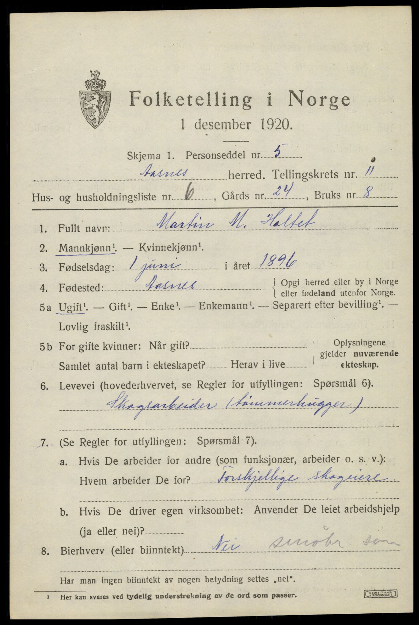 SAH, 1920 census for Åsnes, 1920, p. 11524